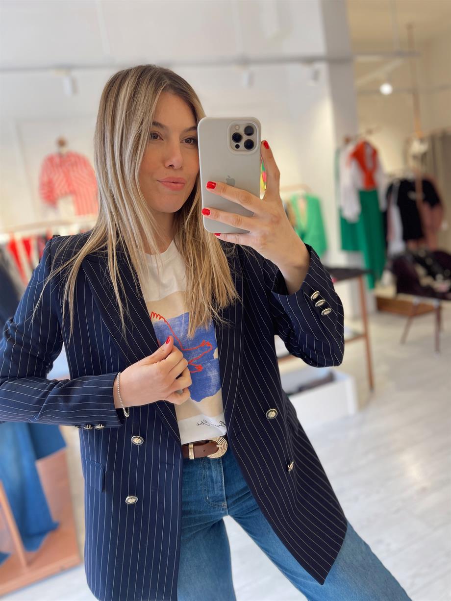 Lacivert Çizgili Gold Düğme Detaylı Blazer