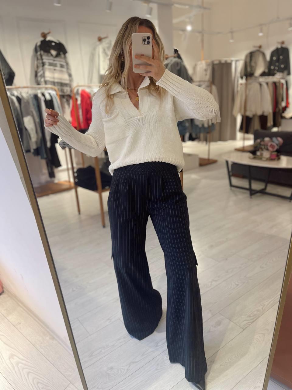 Lacivert Çizgili Poly Viscon Kargo Pantolon