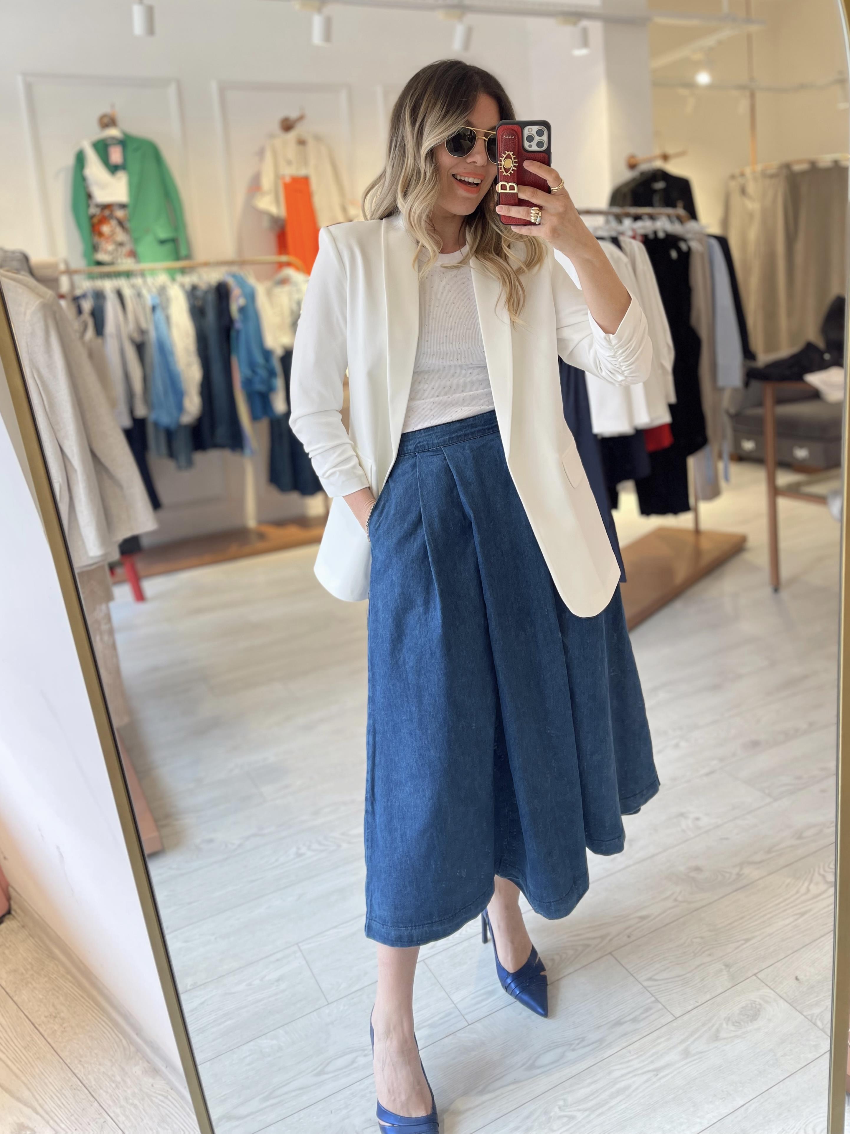 Lacivert Denim Kloş Pileli Midi Etek