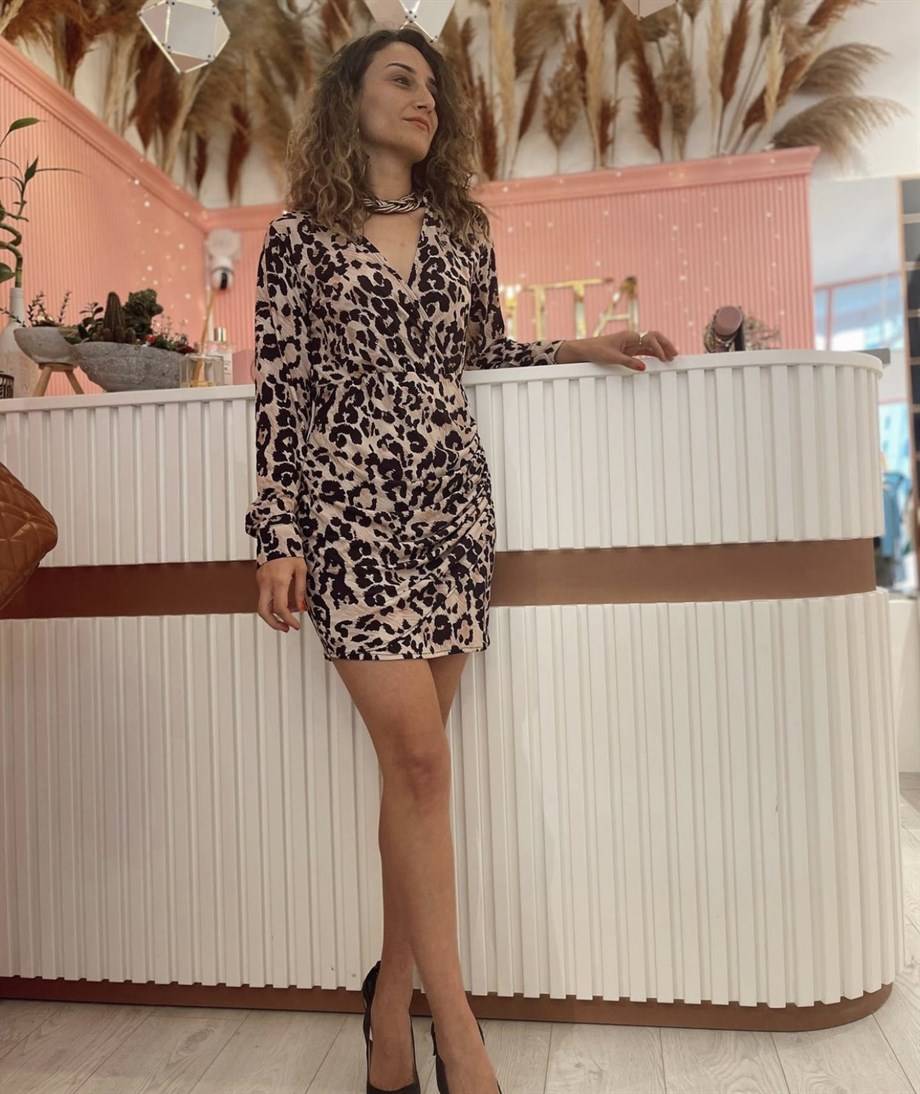 Leopar Kruvaze Yaka Mini Elbise 