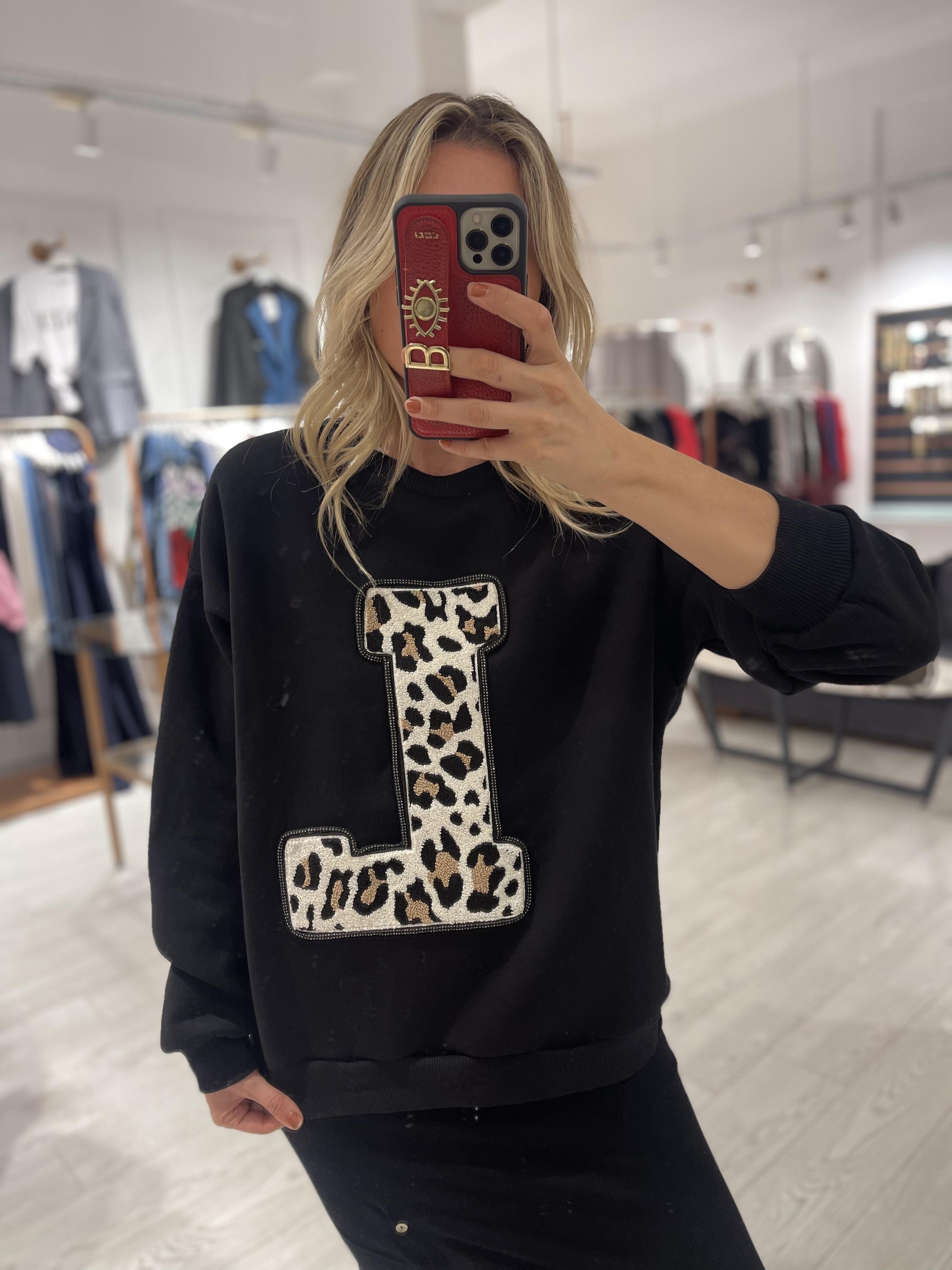 Leopar L Baskı Şardonlu Sweat Siyah