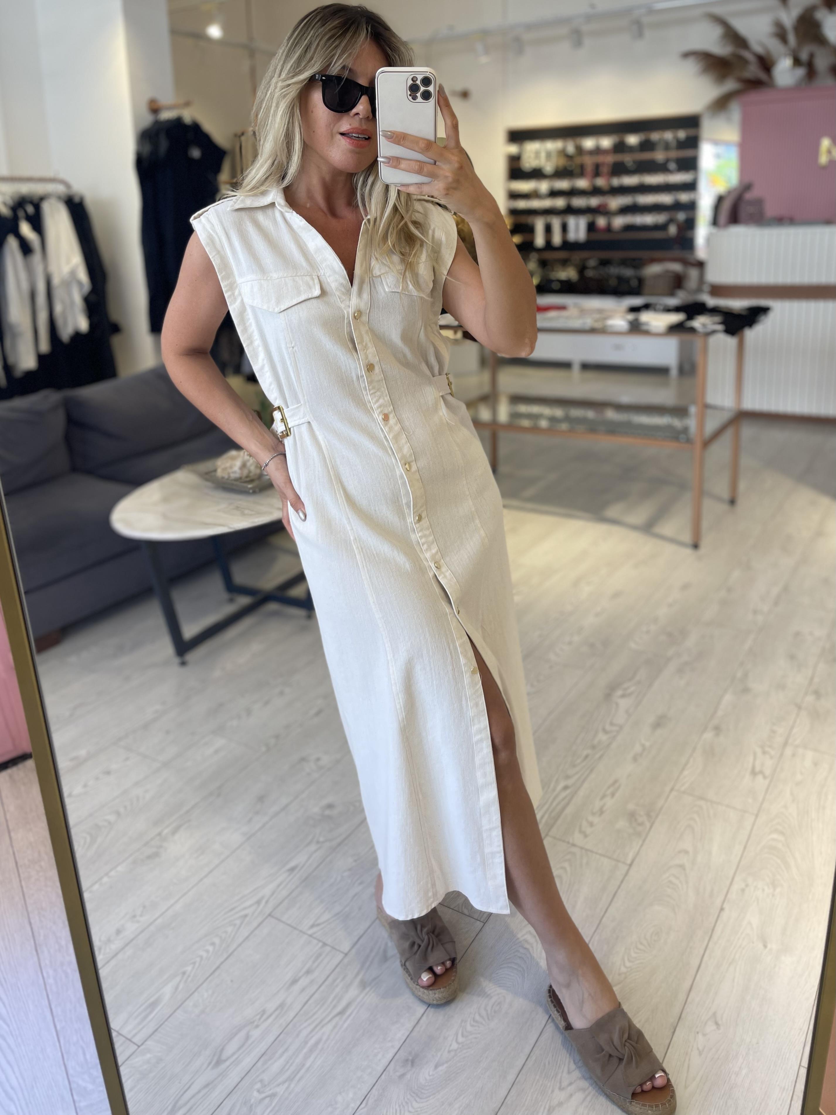 Natural Keten Gold Düğmeli Elbise