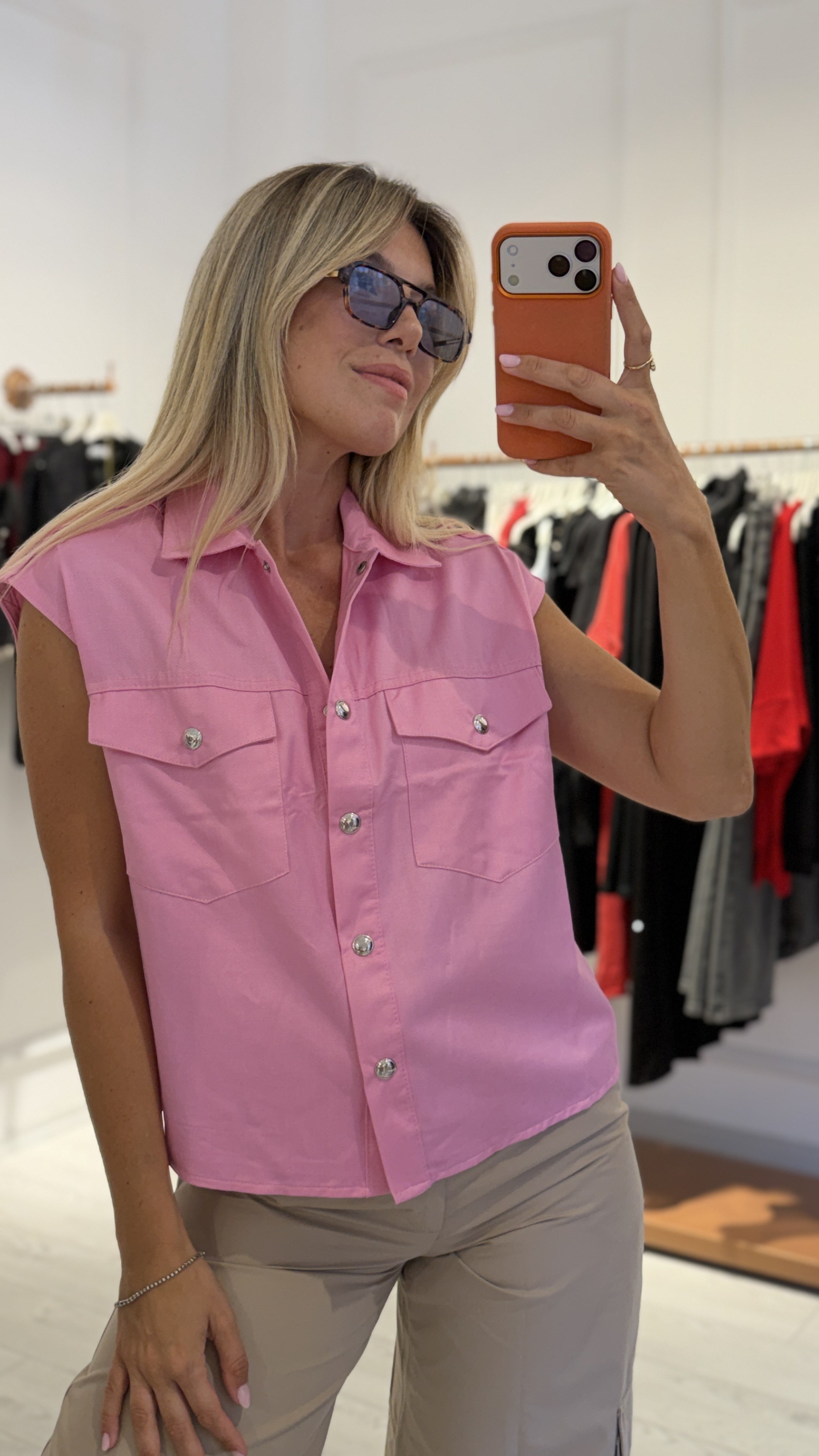 Pembe Düşük Kol Cepli Yelek