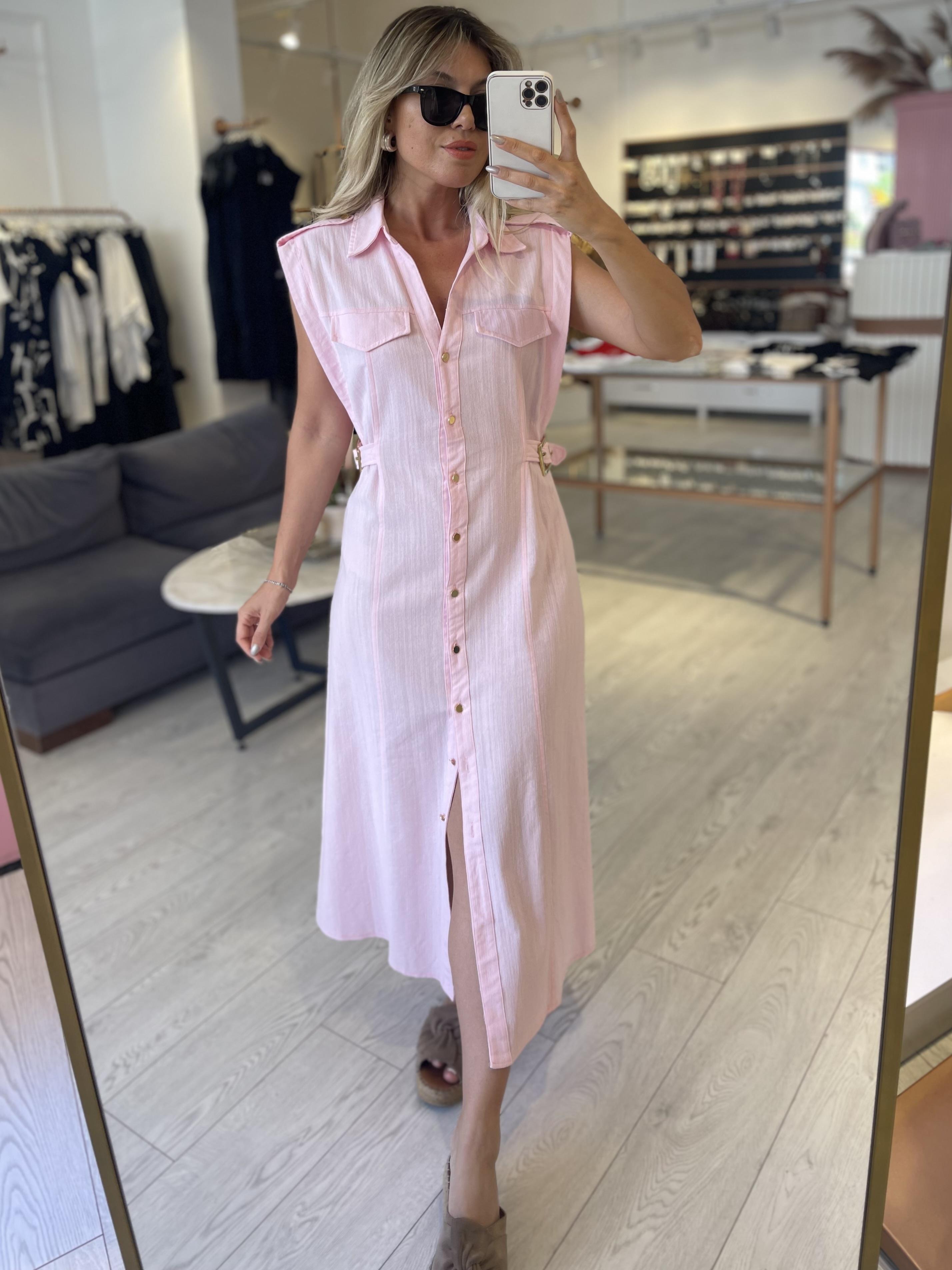 Pembe Keten Gold Düğmeli Elbise