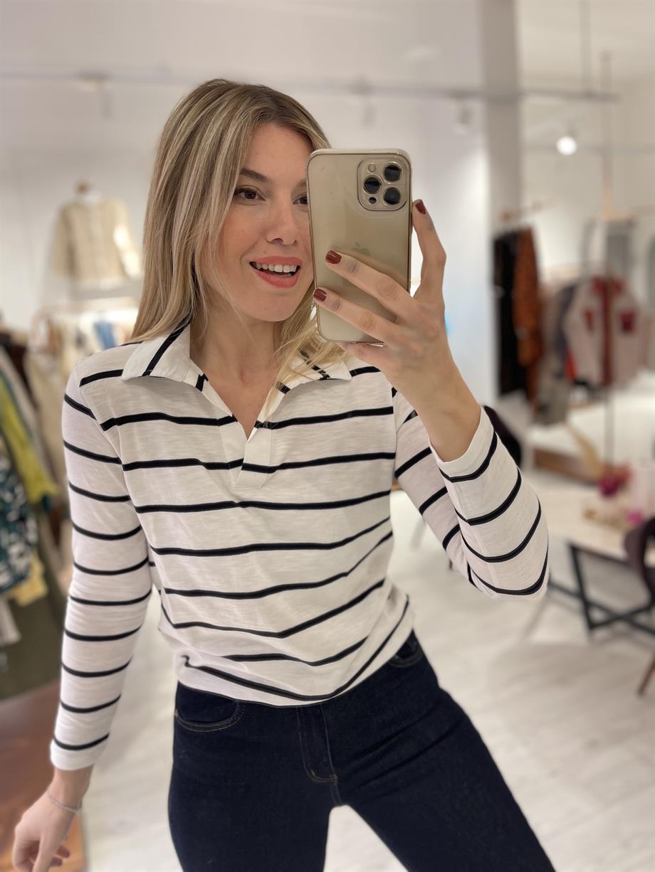 Polo Yaka Siyah Beyaz Çizgili Basic Bluz