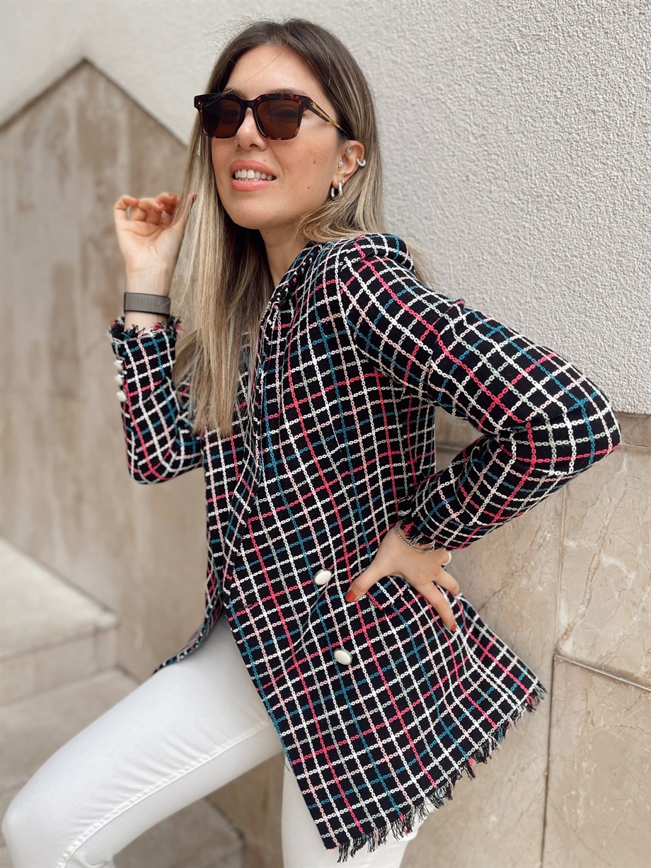 Renkli Pitikare Premium Kalite Püsküllü Tüvit Blazer