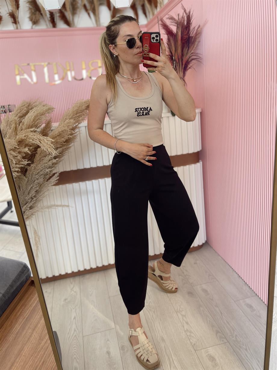 Siyah Balon Fit Bel Lastikli Pantolon