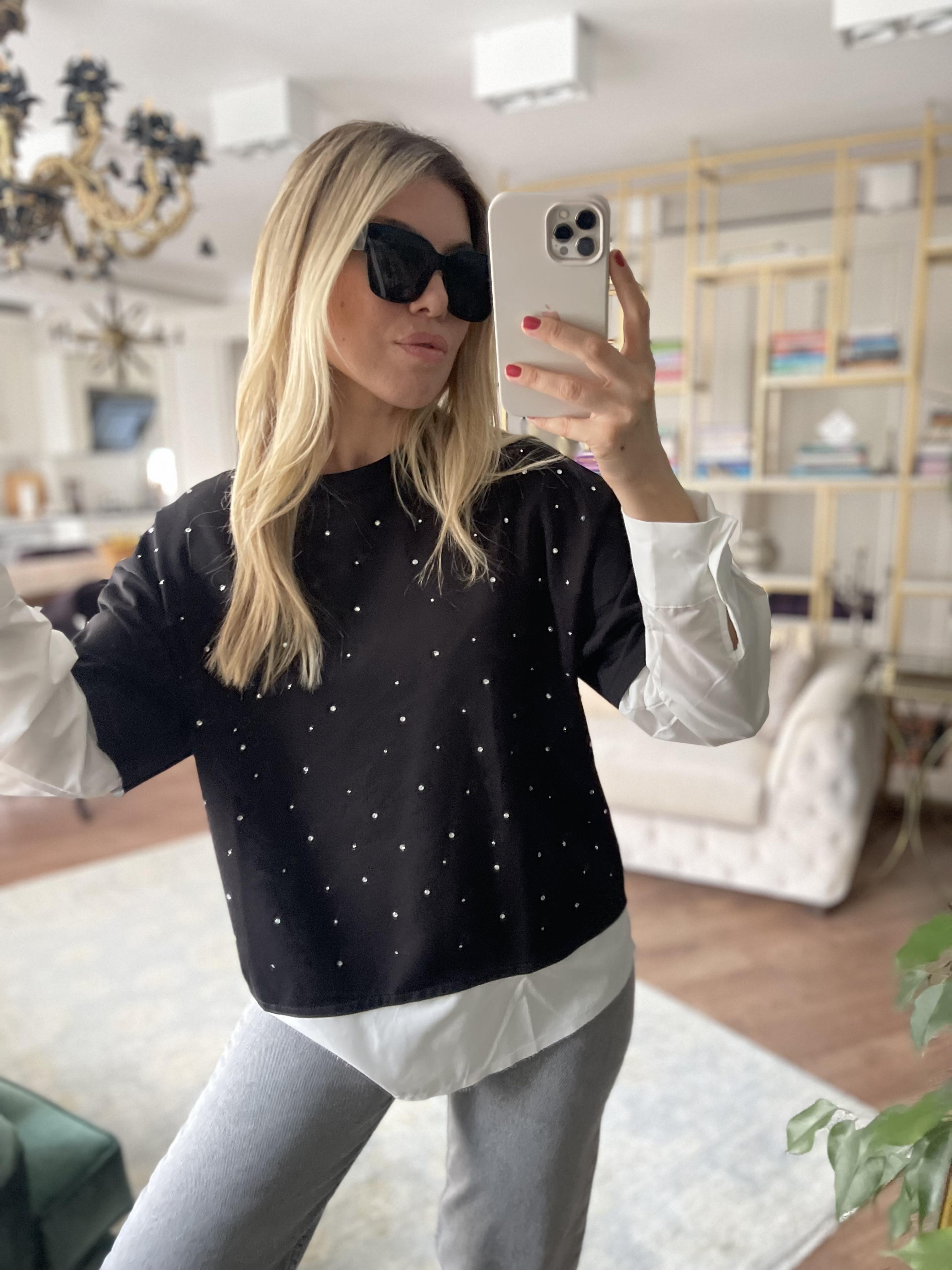 Siyah Gömlek Detaylı Taşlı Sweat