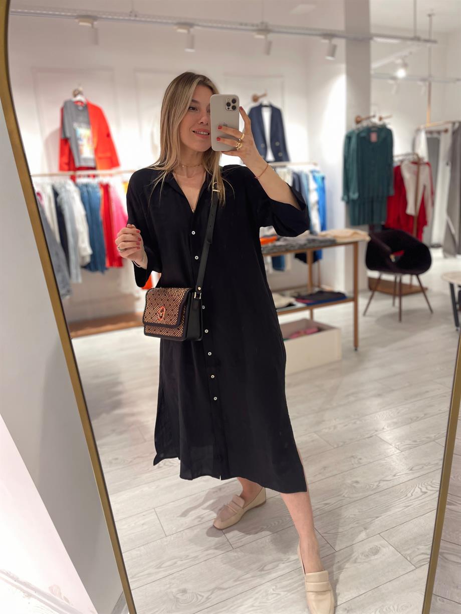 Siyah İthal Tensel Kumaş Gömlek Elbise