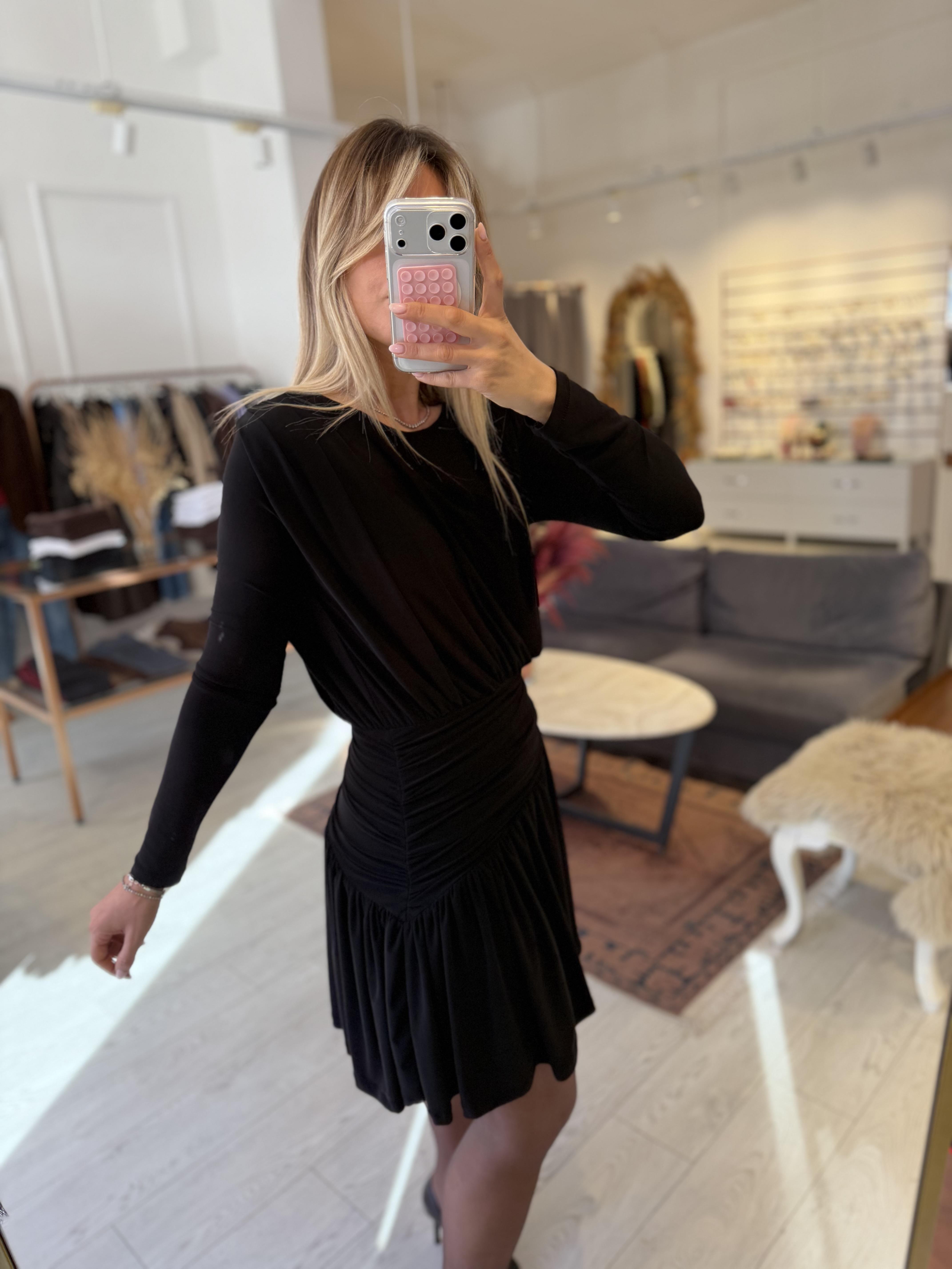 Siyah Sandy Drapeli Mini Elbise