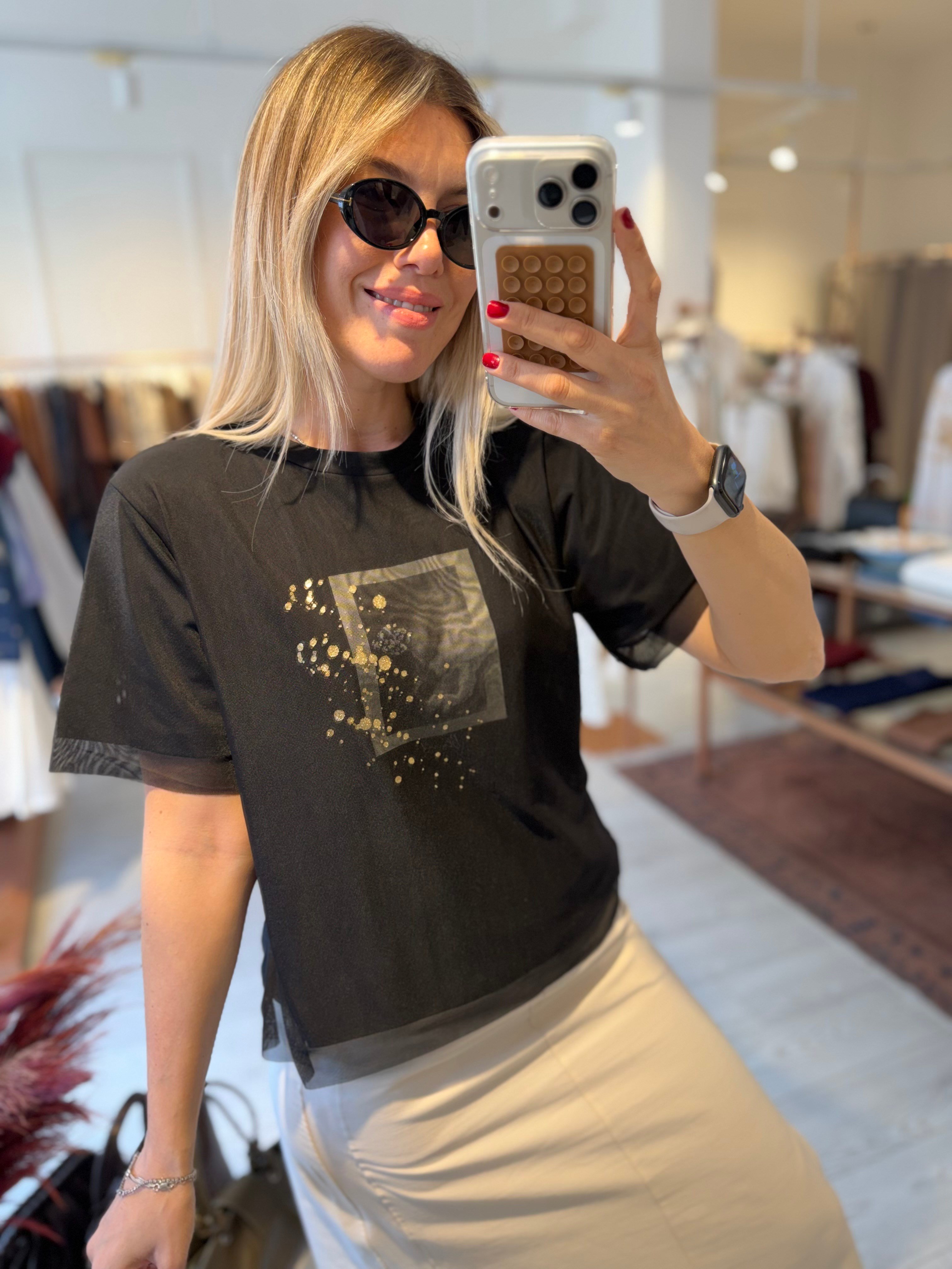 Tül Garnili Siyah Tshirt