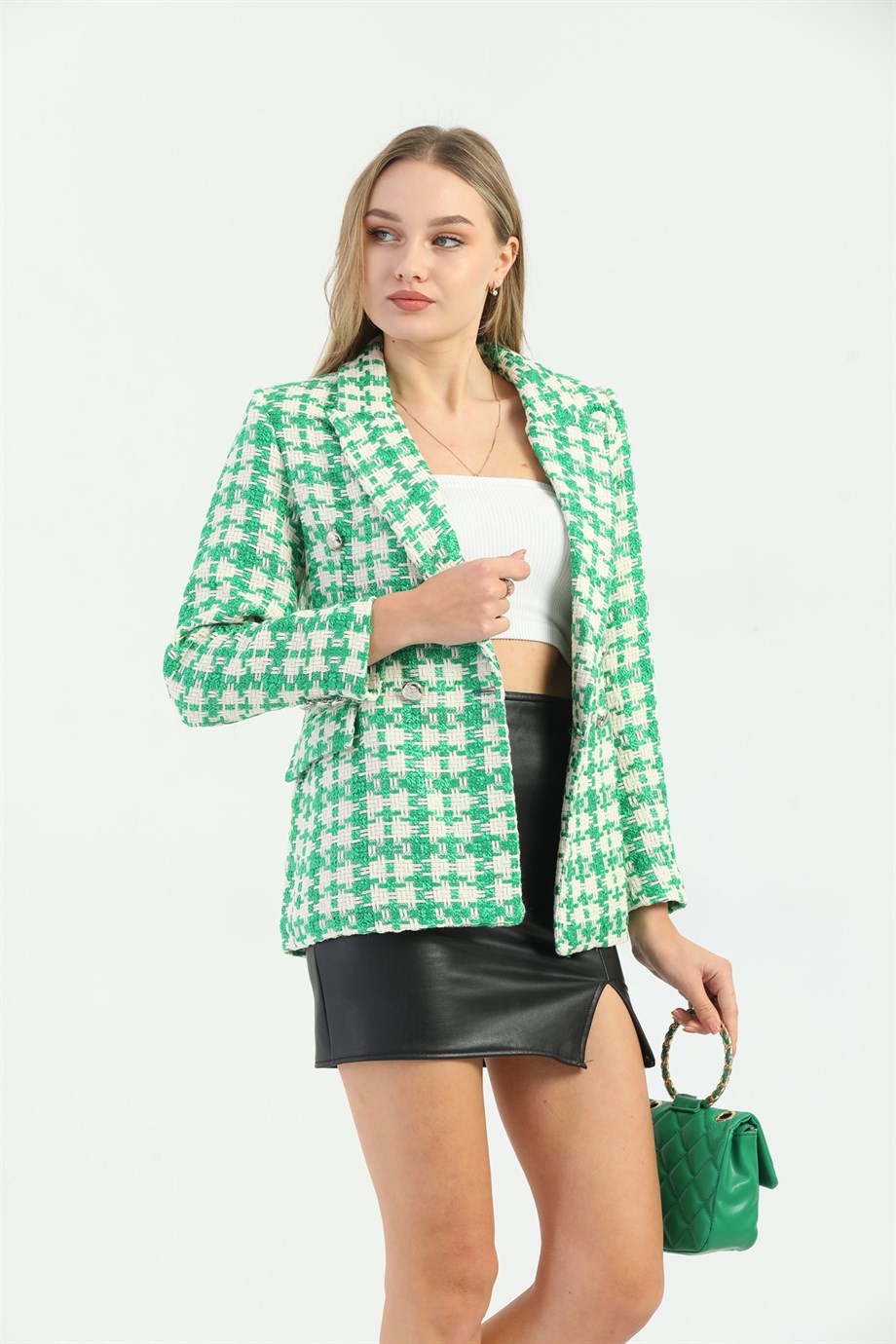 Yeşil Desenli Buklet Blazer