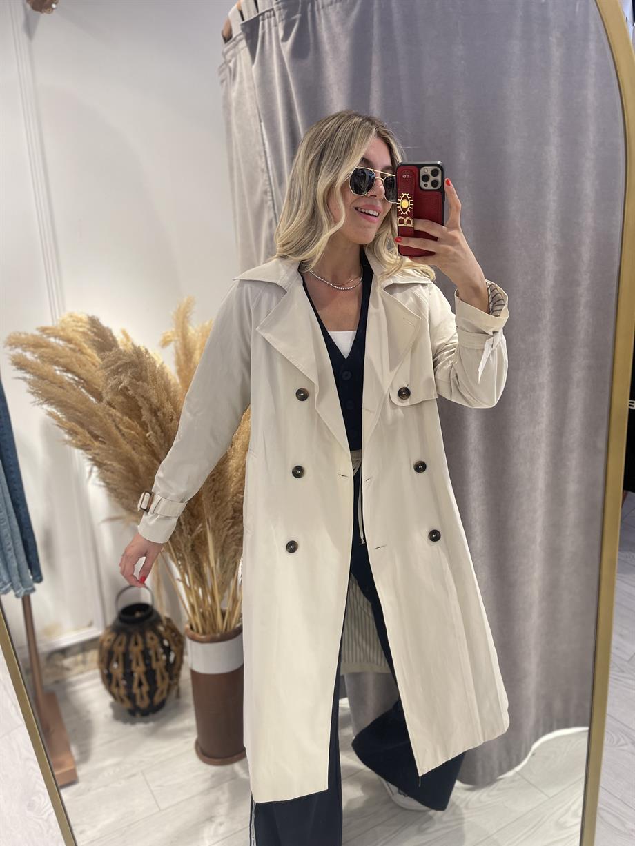 Açık Bej Premium Kumaş Trençkot