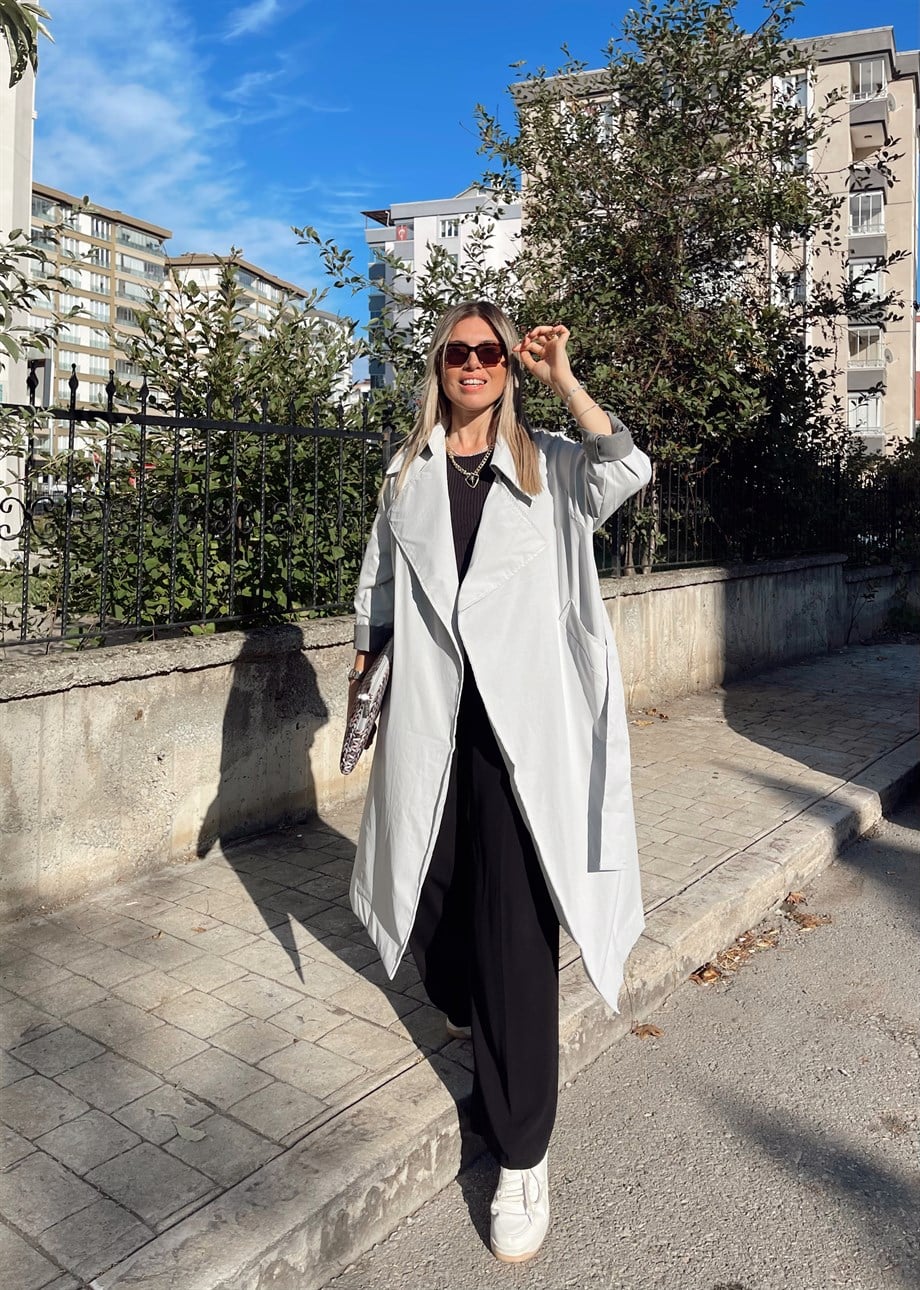 Açık Gri Oversize Trençkot