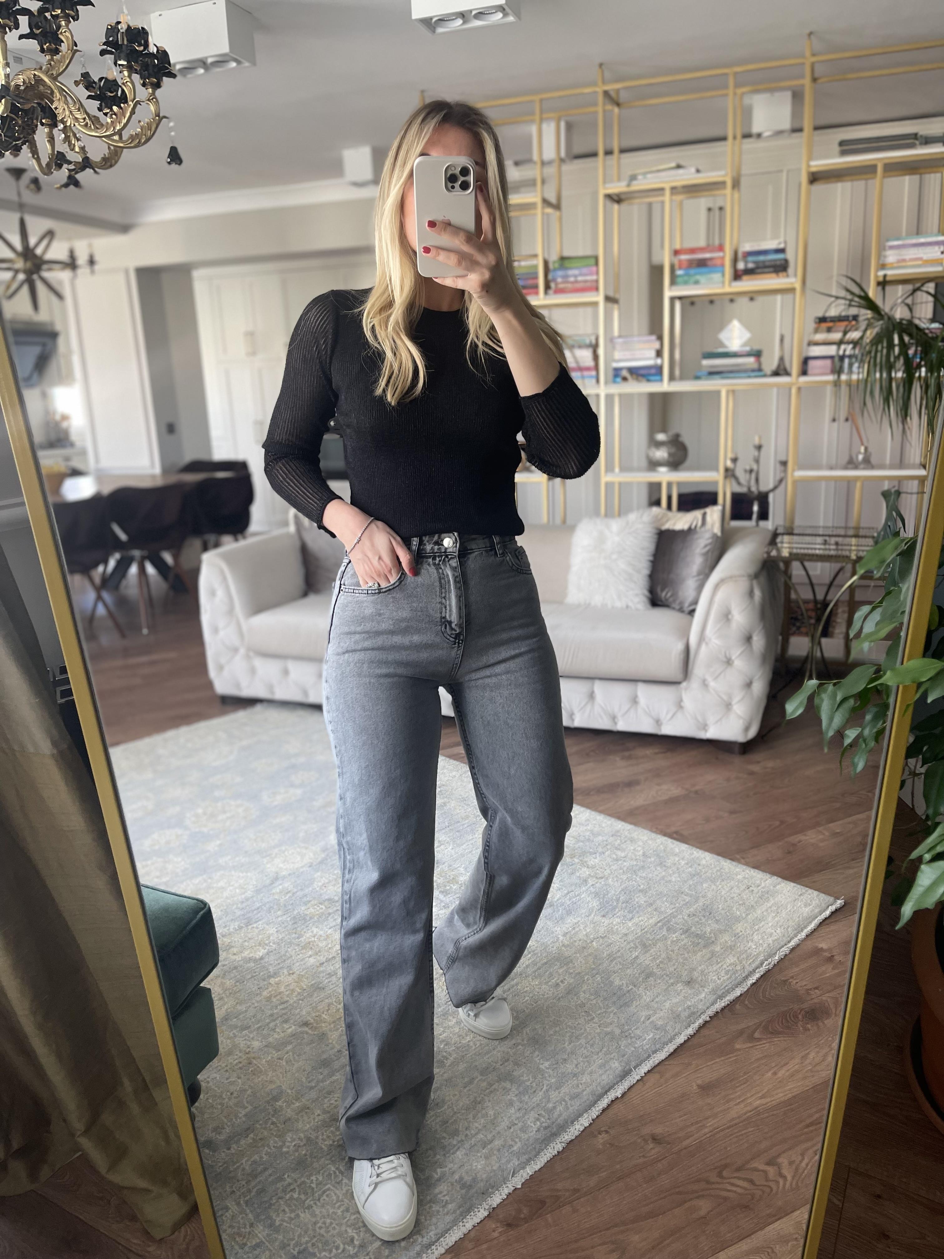 Açık Gri Yüksek Bel Straight Jean · 5