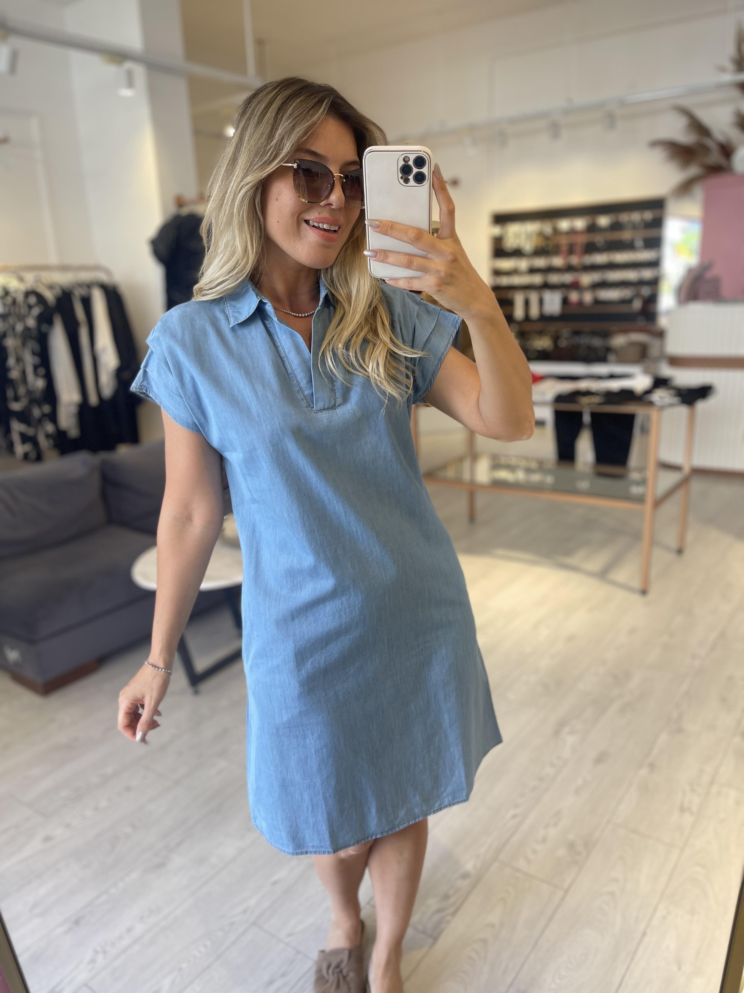 Açık Mavi Denim Tensel Kol Detaylı Elbise