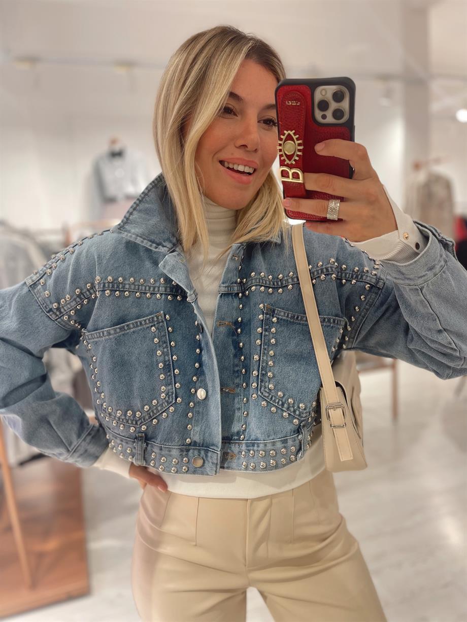 Açık Mavi Gümüş Zımbalı Crop Ceket