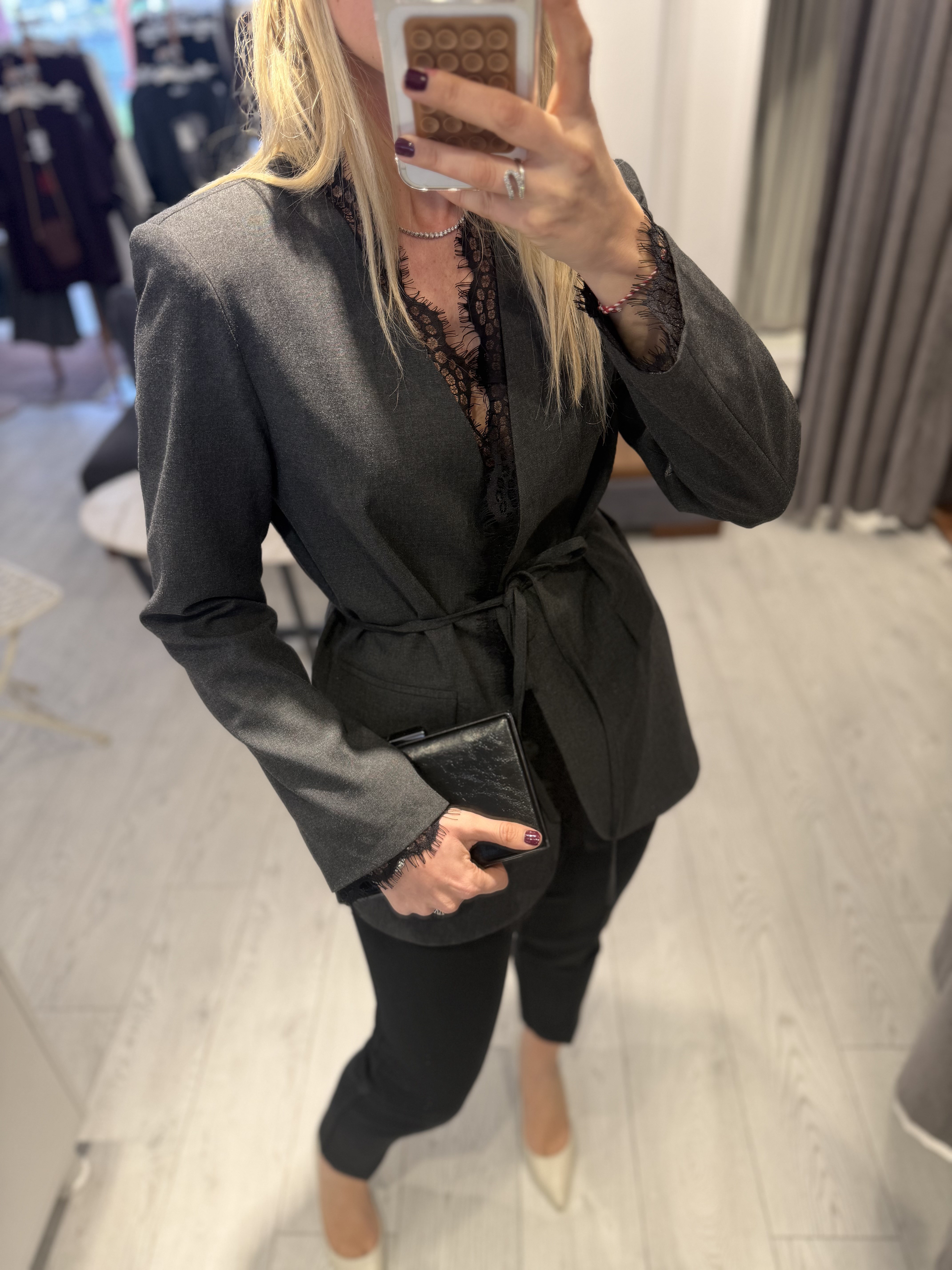 Antrasit Dantel detaylı belden Bağlamalı Ceket