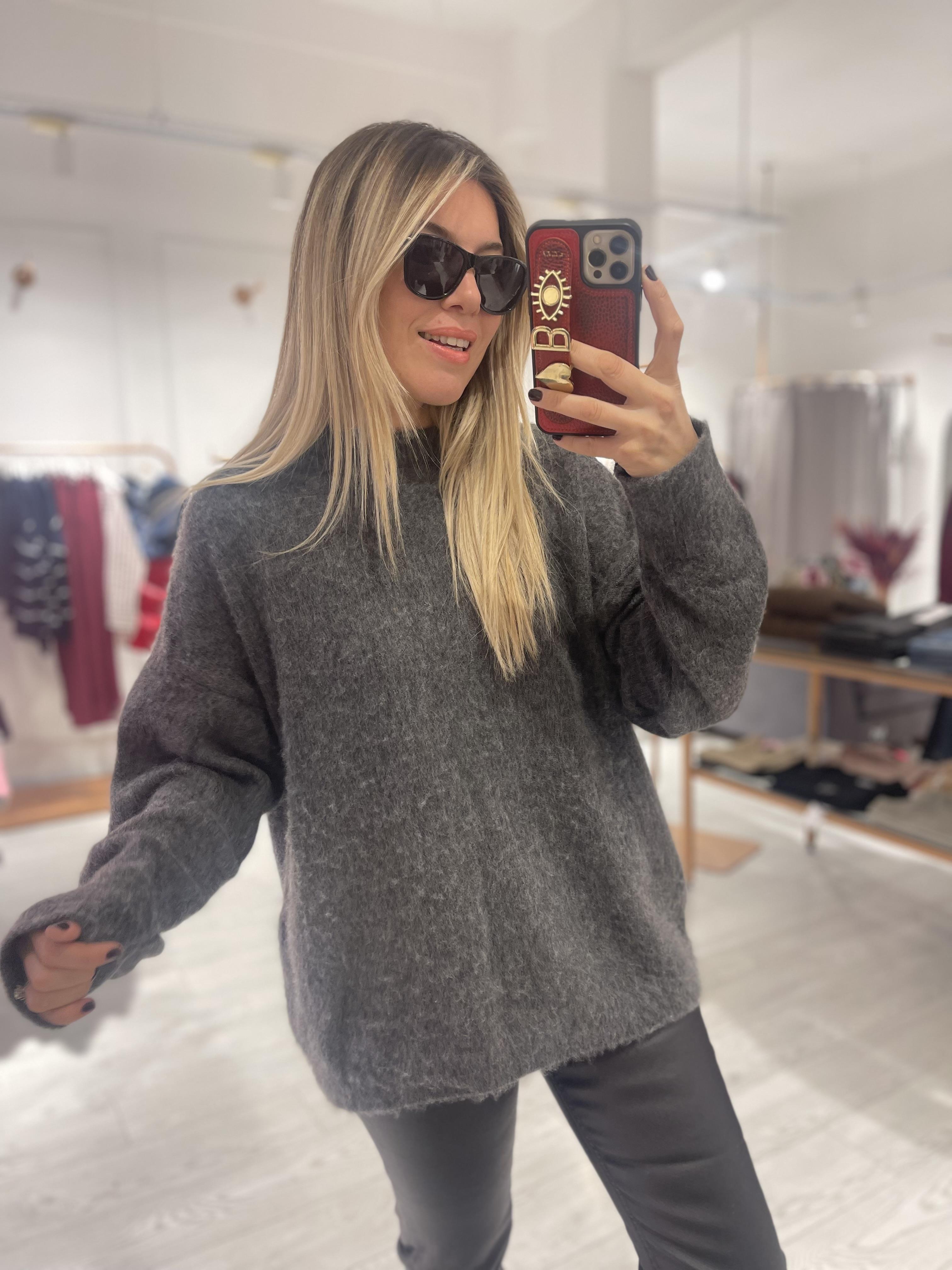 Antrasit Yün Efektli Bisiklet Yaka Kazak