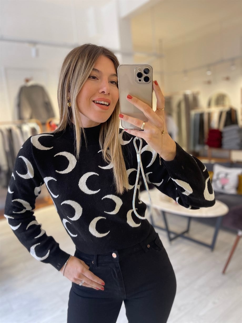 Ay Desenli Siyah Kazak