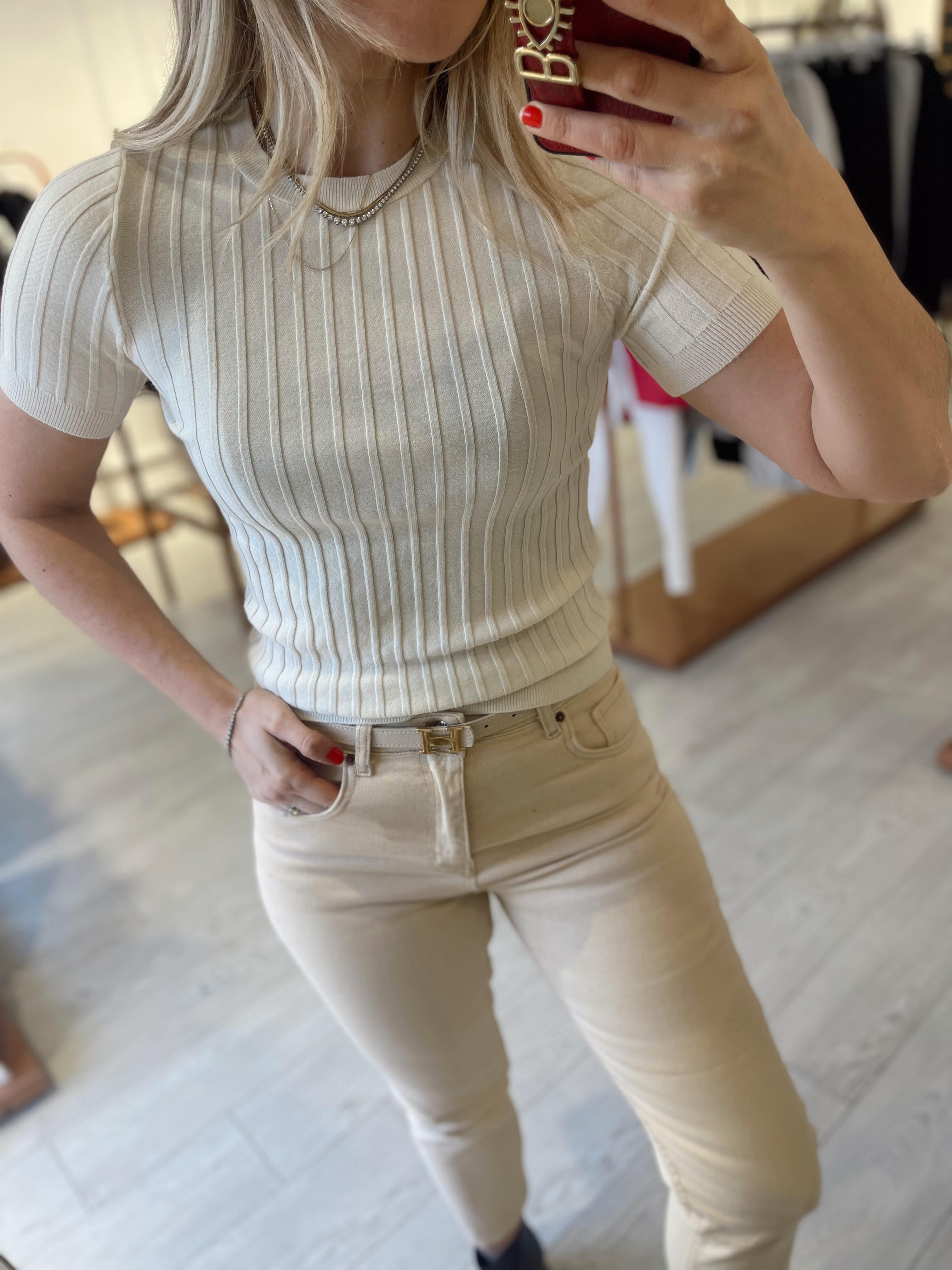 Bej Bisiklet Yaka Yarım Kollu Triko 