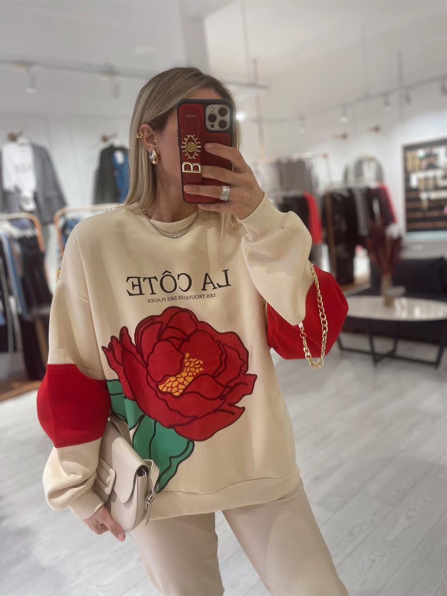 Bej Kabartma Güllü Zincirli Tasarım Sweat · 3