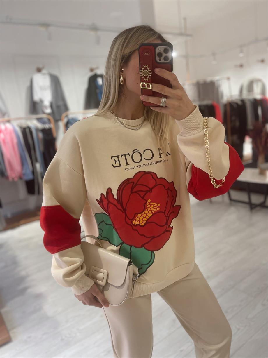 Bej Kabartma Güllü Zincirli Tasarım Sweat · 4