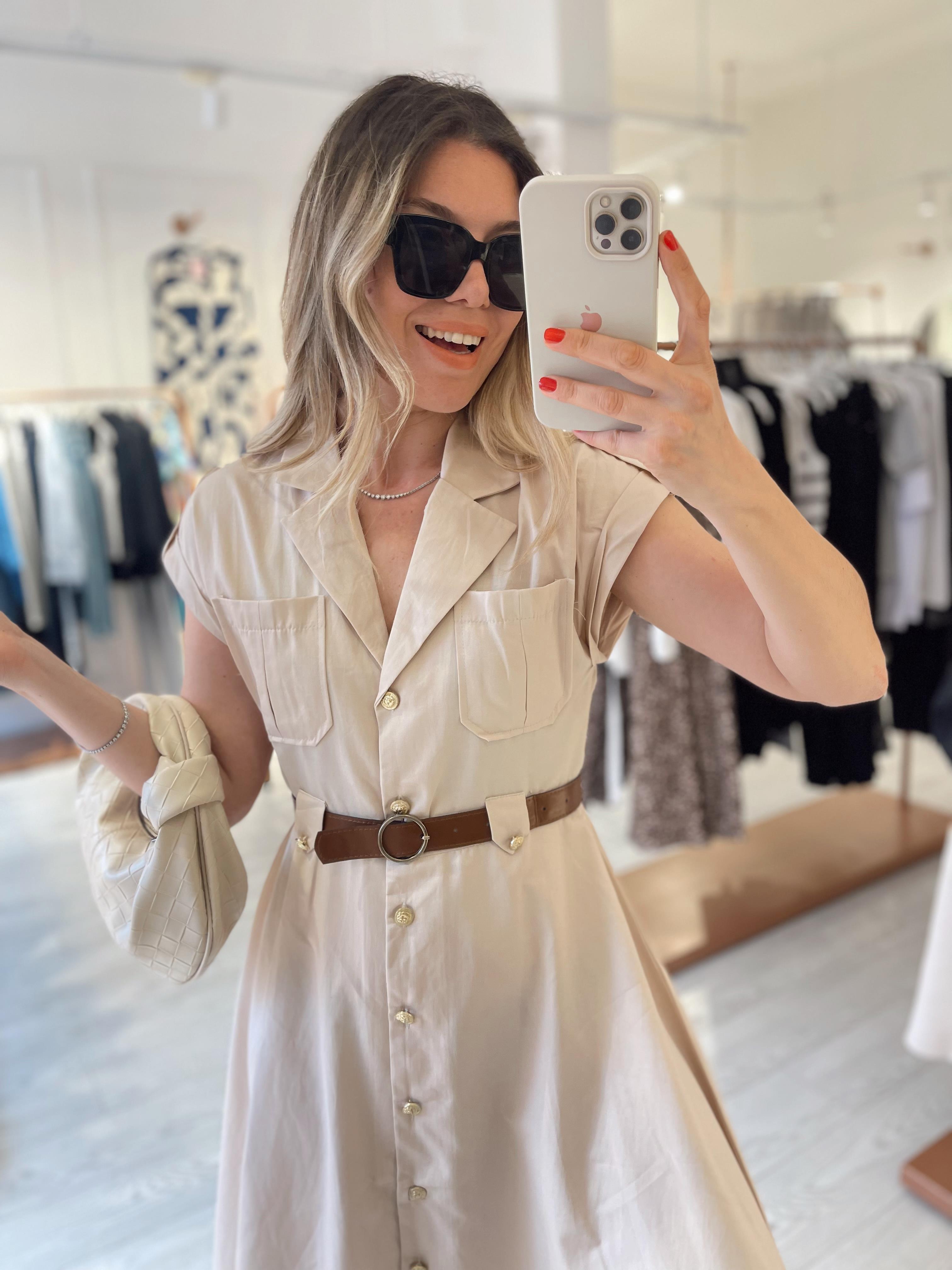 Bej Kemerli Apoletli Elbise