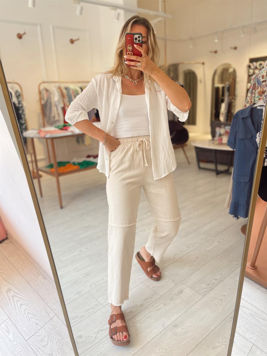 Bej Keten Bel Lastikli Pantolon