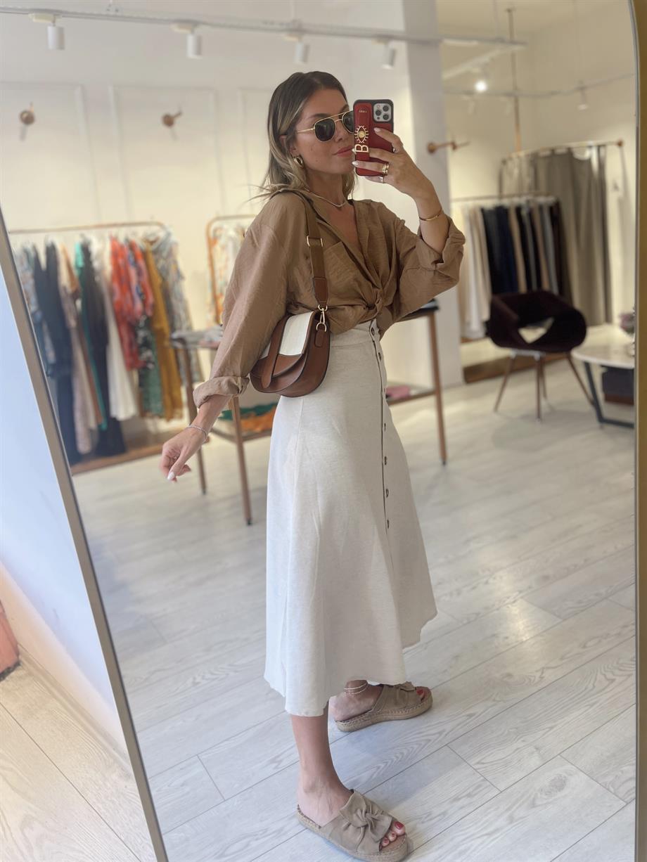 Bej Keten Düğmeli Midi Etek · 3