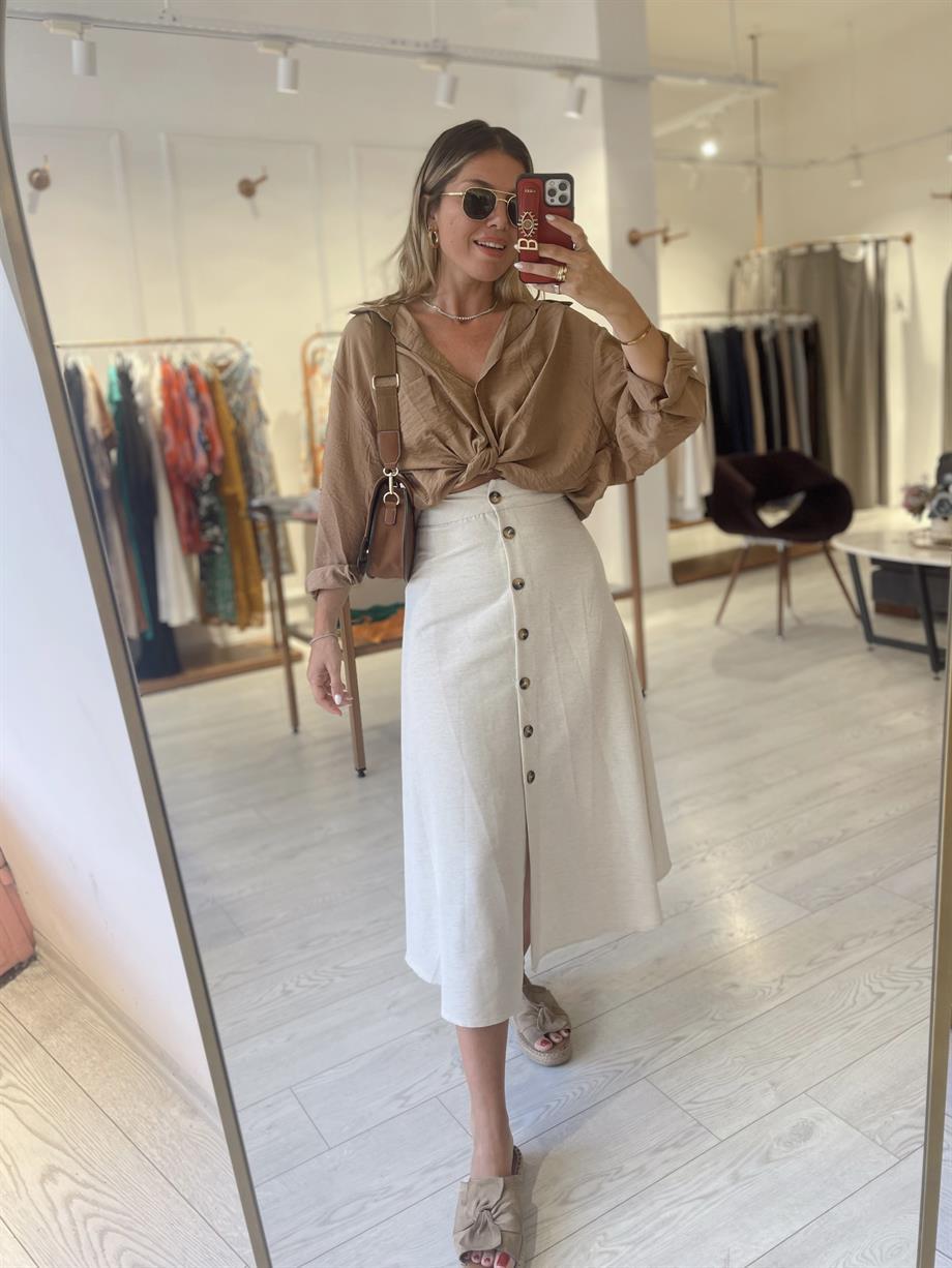 Bej Keten Düğmeli Çan Etek