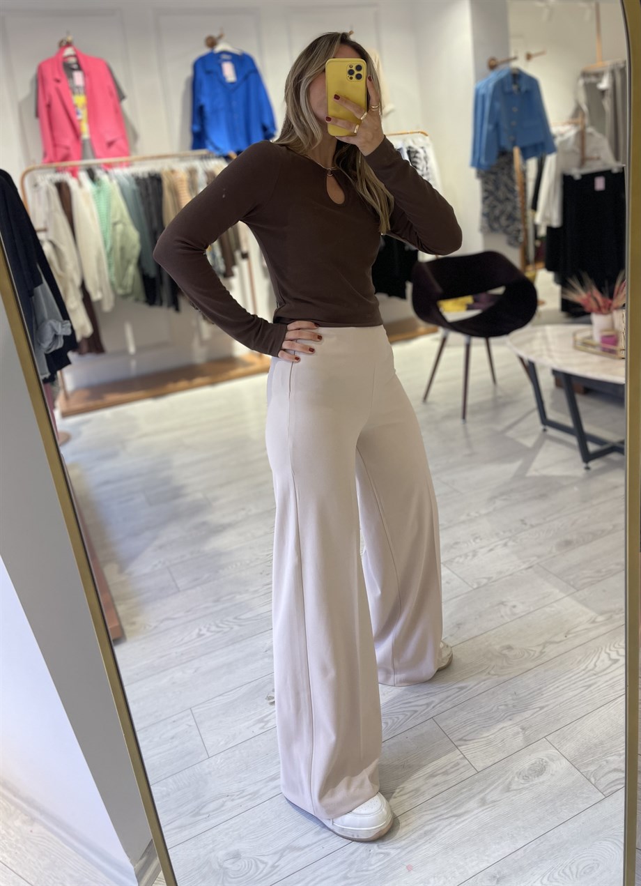 Bej Likralı Bol Paça Pantolon