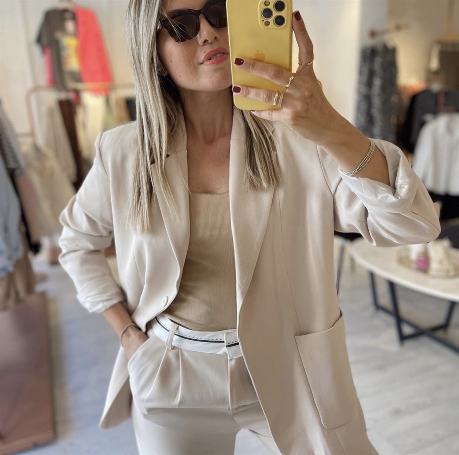 Bej Oversize Tek Düğme Blazer Ceket 