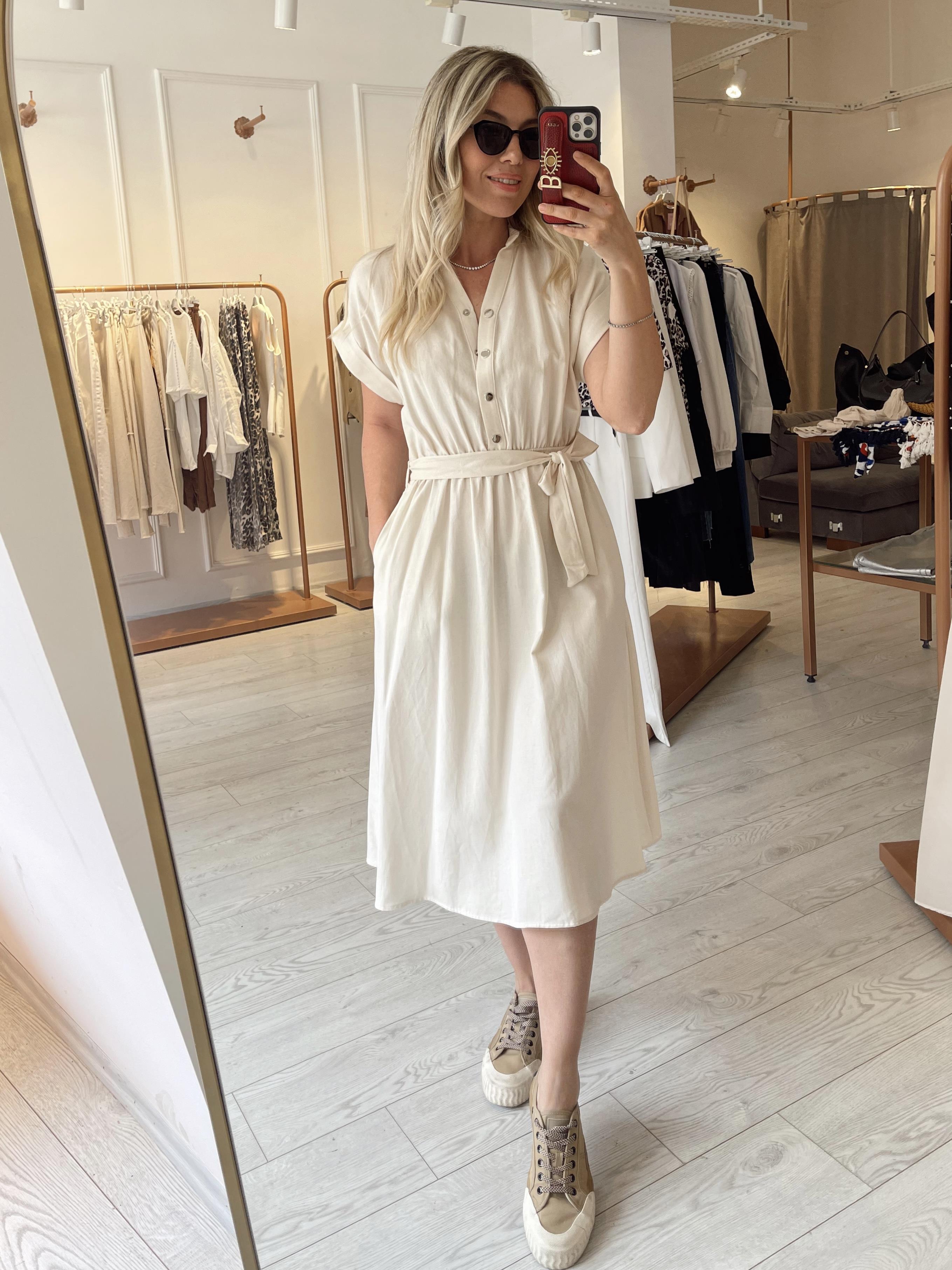 Bej Pamuk Keten Midi Elbise