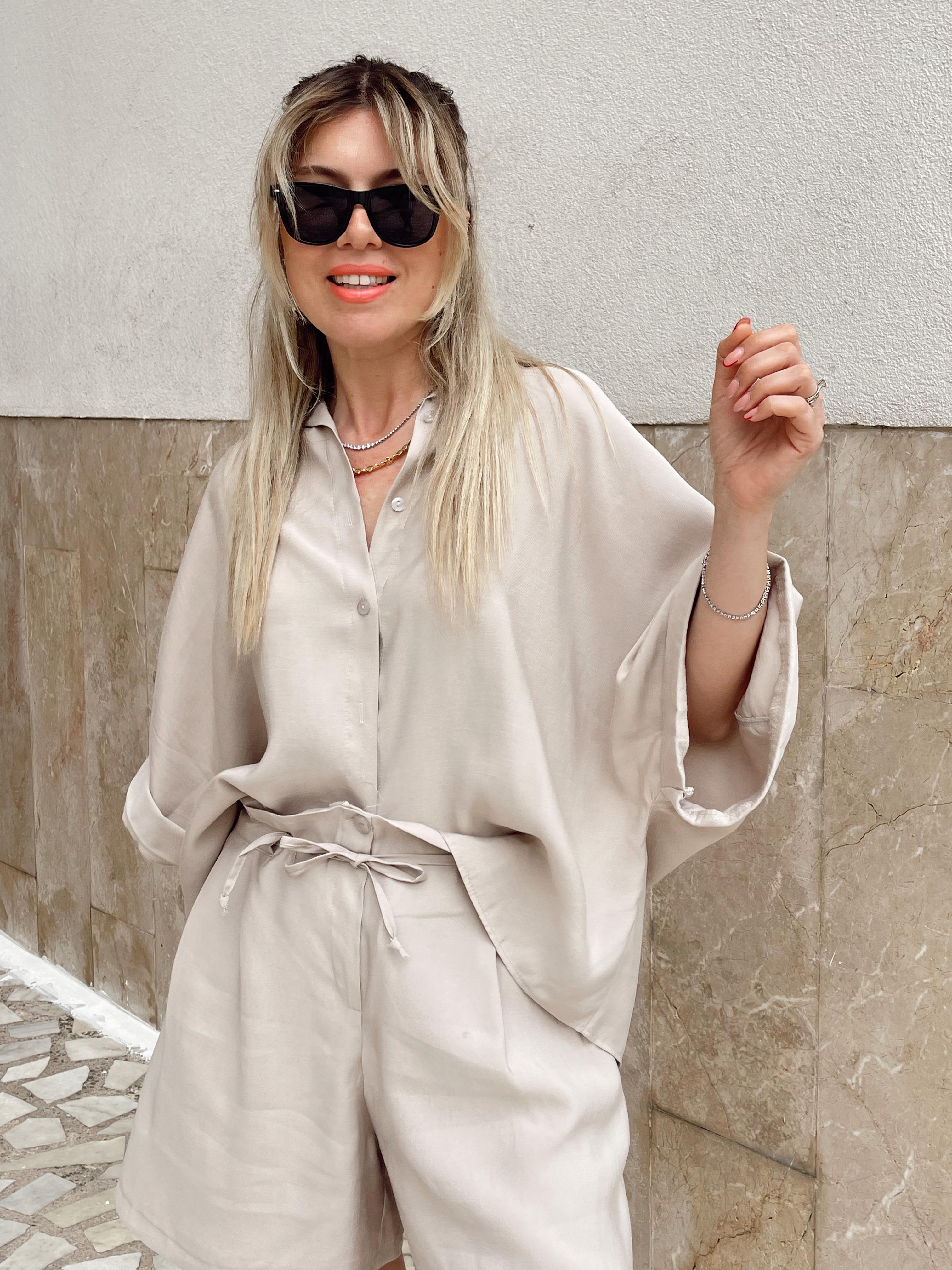 Bej Pamuklu Tensel Gömlek Şort Takım