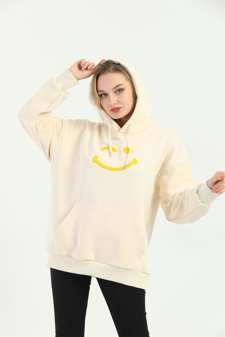 Bej Smile Baskı Sweatshirt