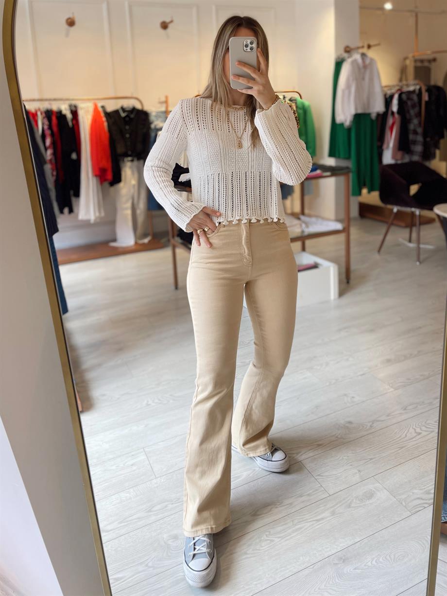 Bej Yüksek Bel İspanyol Paça Jean