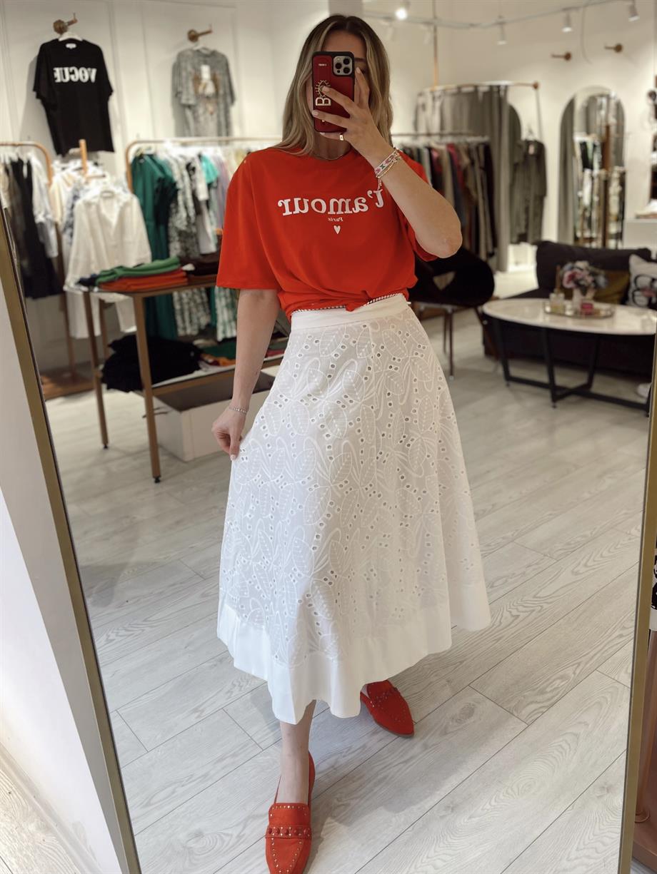 Beyaz Brode Dantelli Astarlı Etek