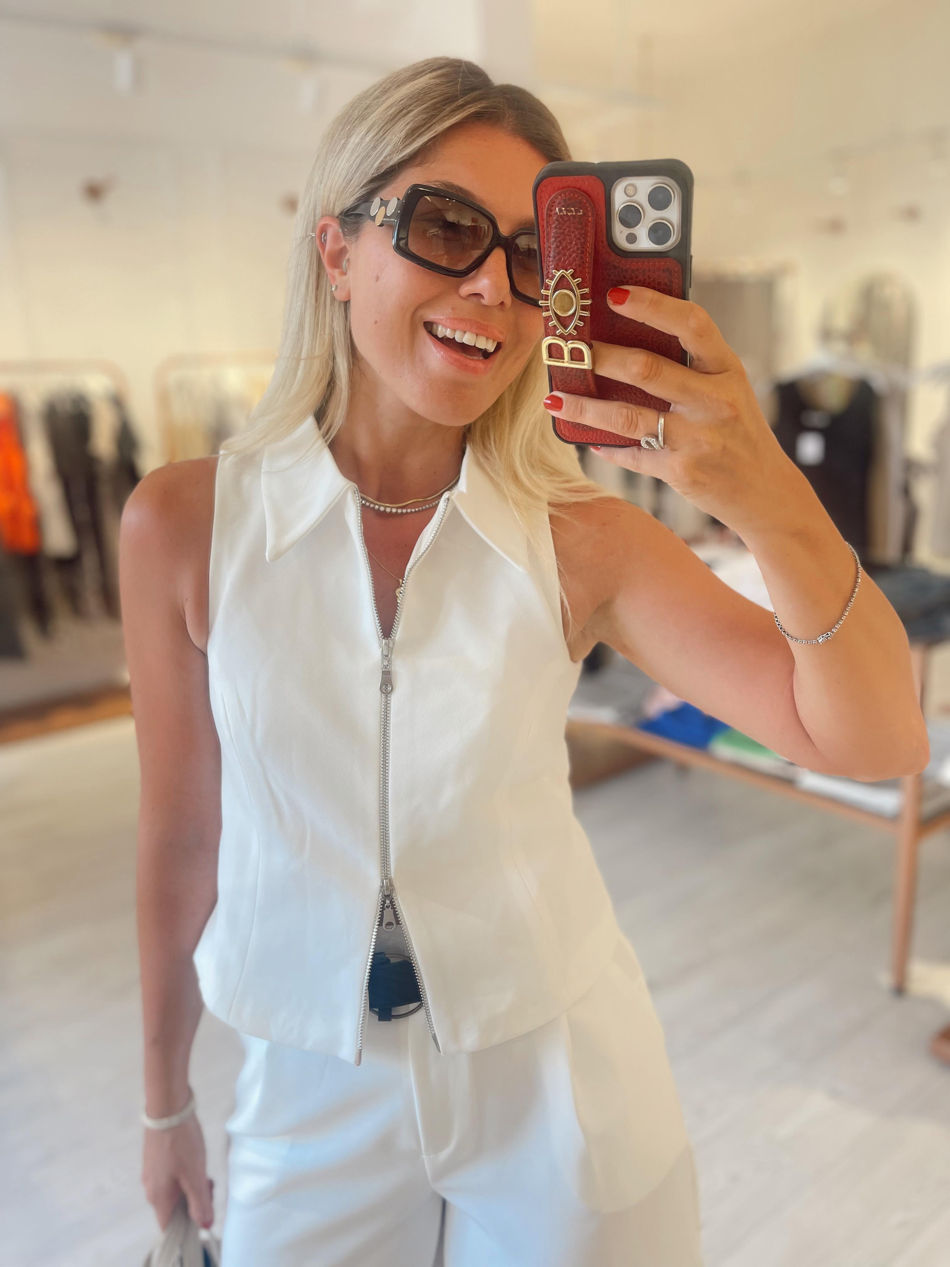 Beyaz Çift Fermuarlı Polo Yaka Yelek