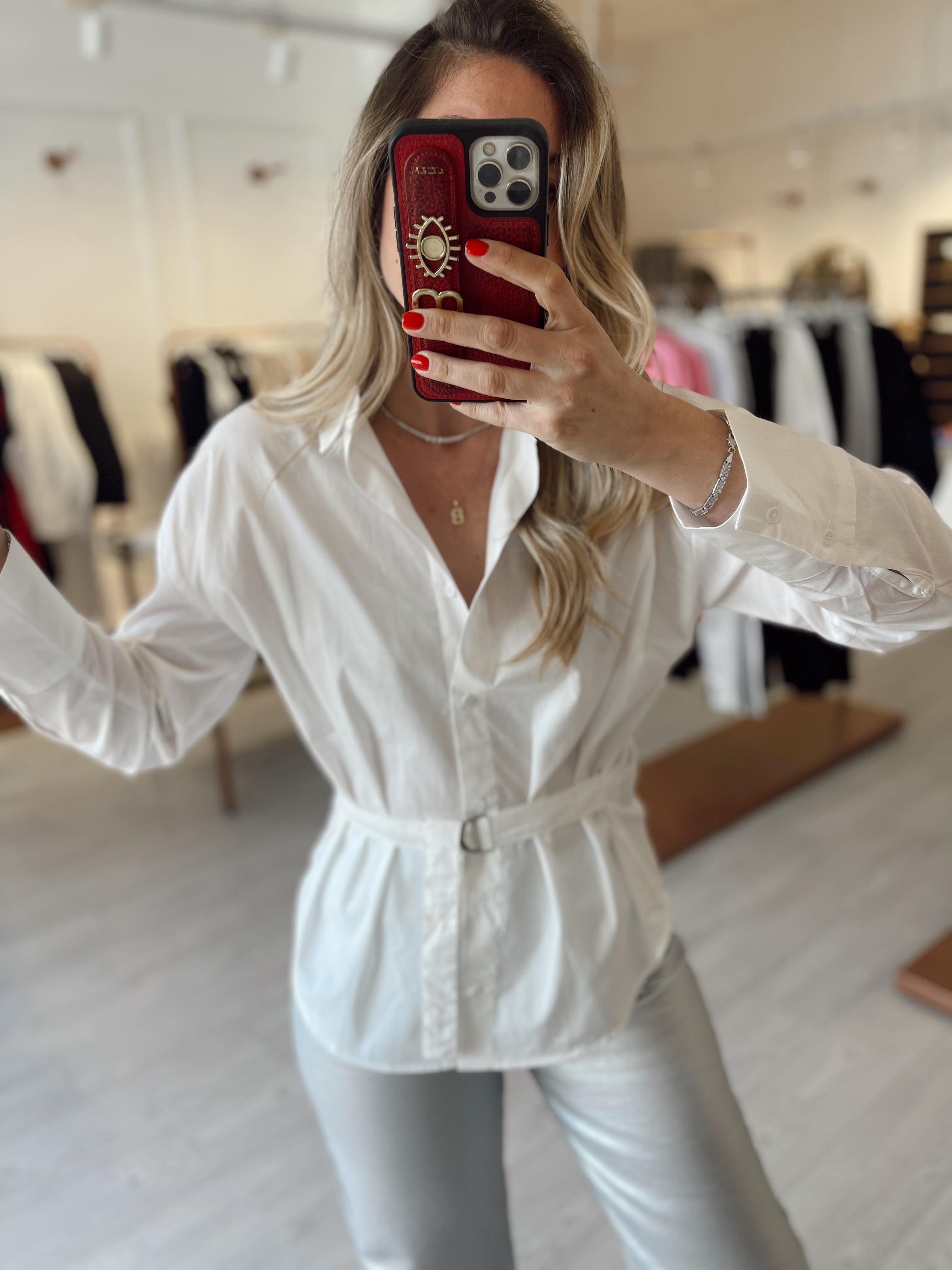 Beyaz Kendinden Kuşaklı Poplin Gömlek