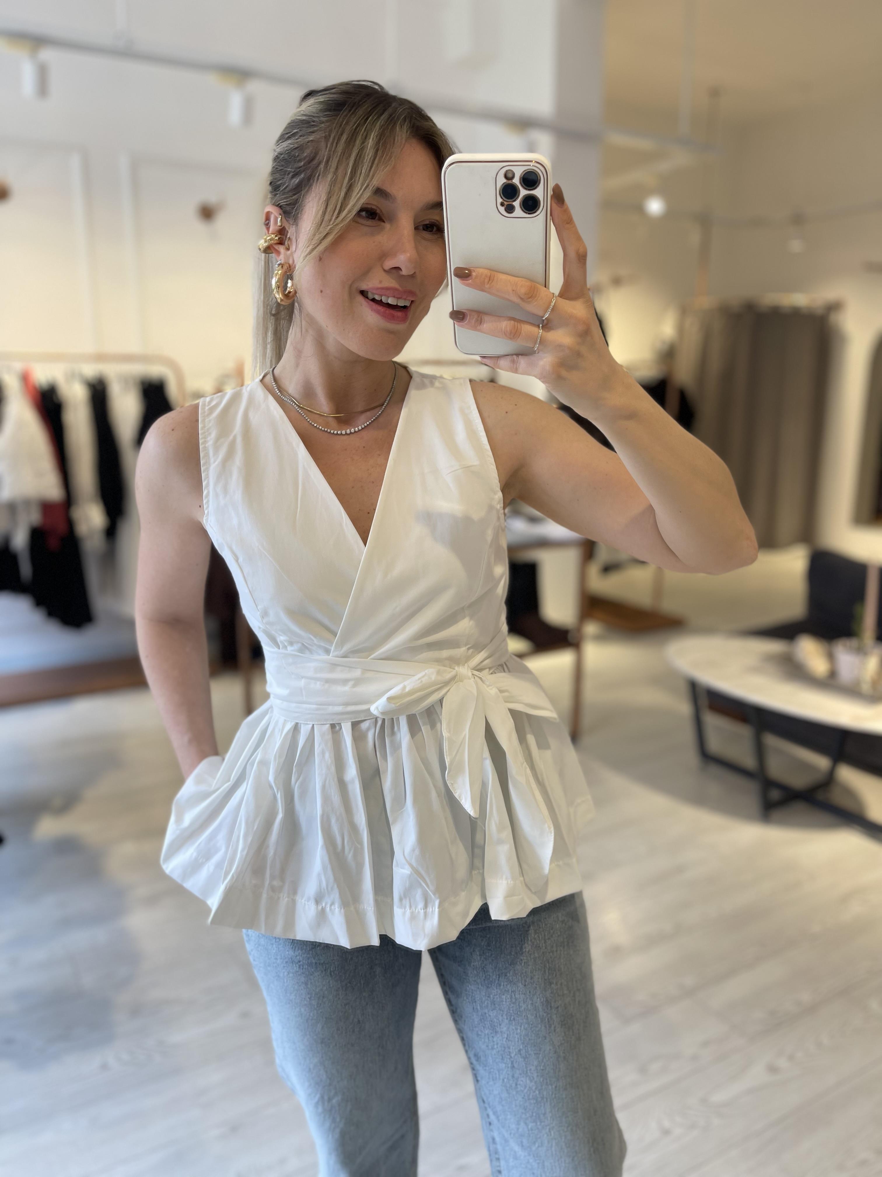 Beyaz Kruvaze Kuşaklı Poplin Bluz