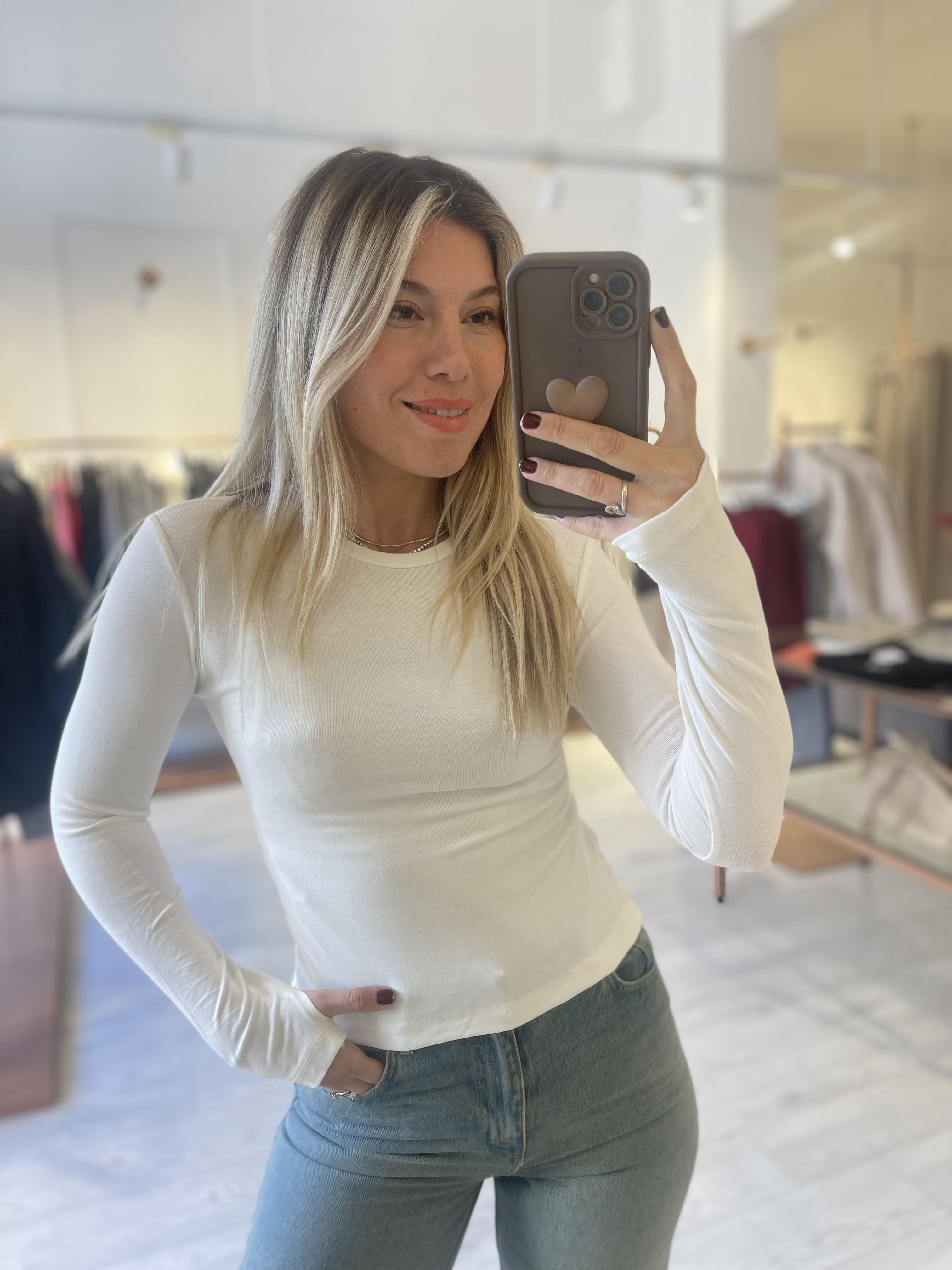 Beyaz Massi.Yumuşak Dokulu Parmak Geçirmeli Basic Bluz