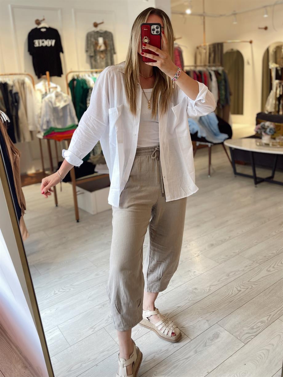 Beyaz Oversize Çift Cepli Keten Gömlek