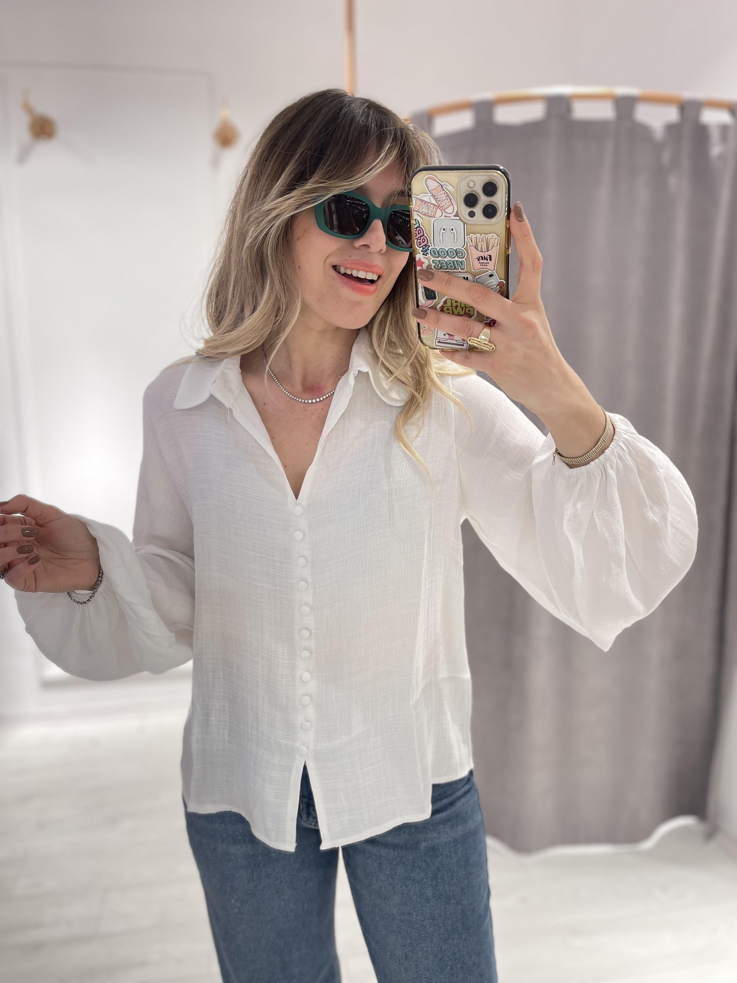 Beyaz Pamuklu Balon Kol Gömlek