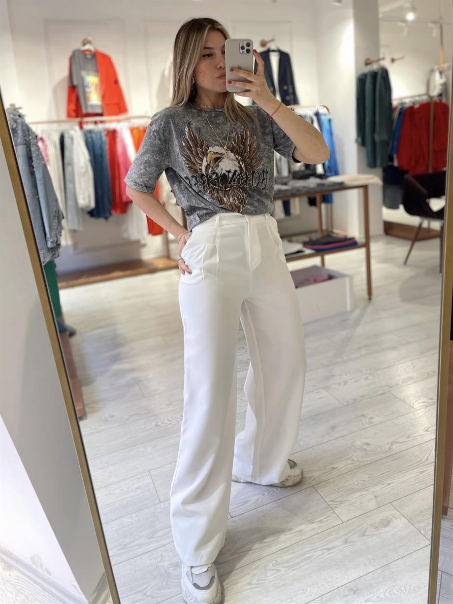 Beyaz Pensli Palazzo Pantolon