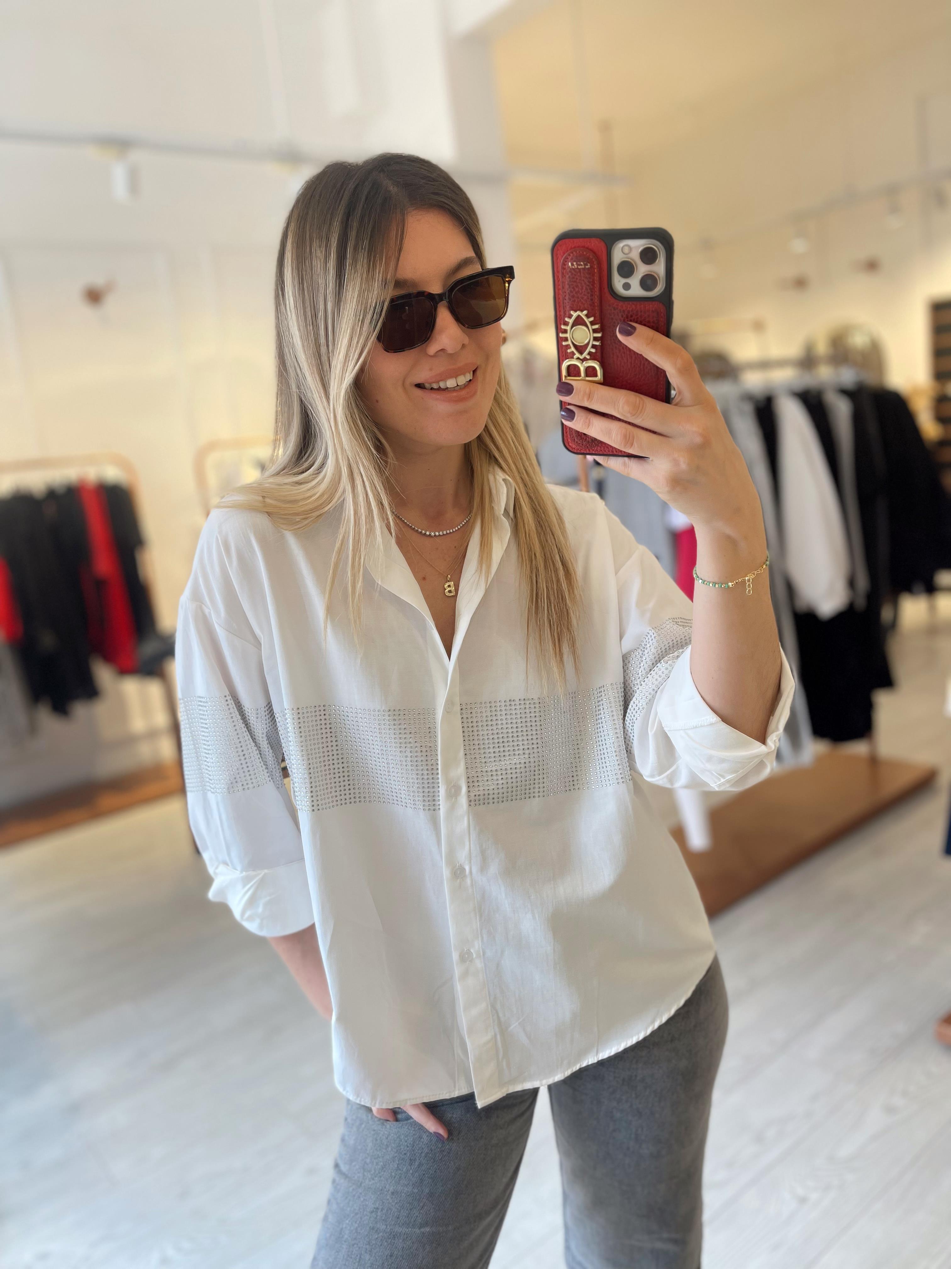 Beyaz Taşlı Poplin Gömlek