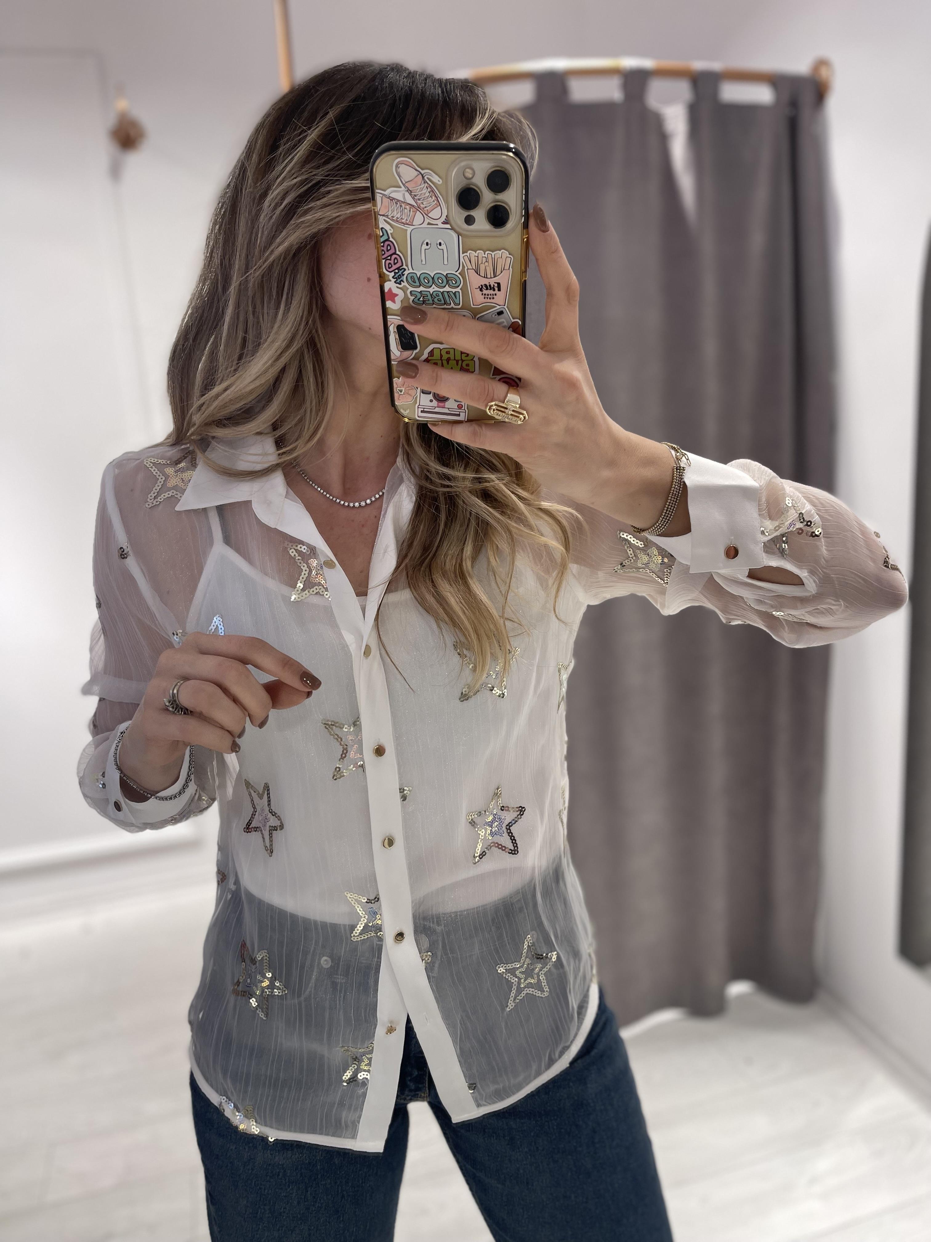 Beyaz Yıldız İşlemeli Transparan Gömlek