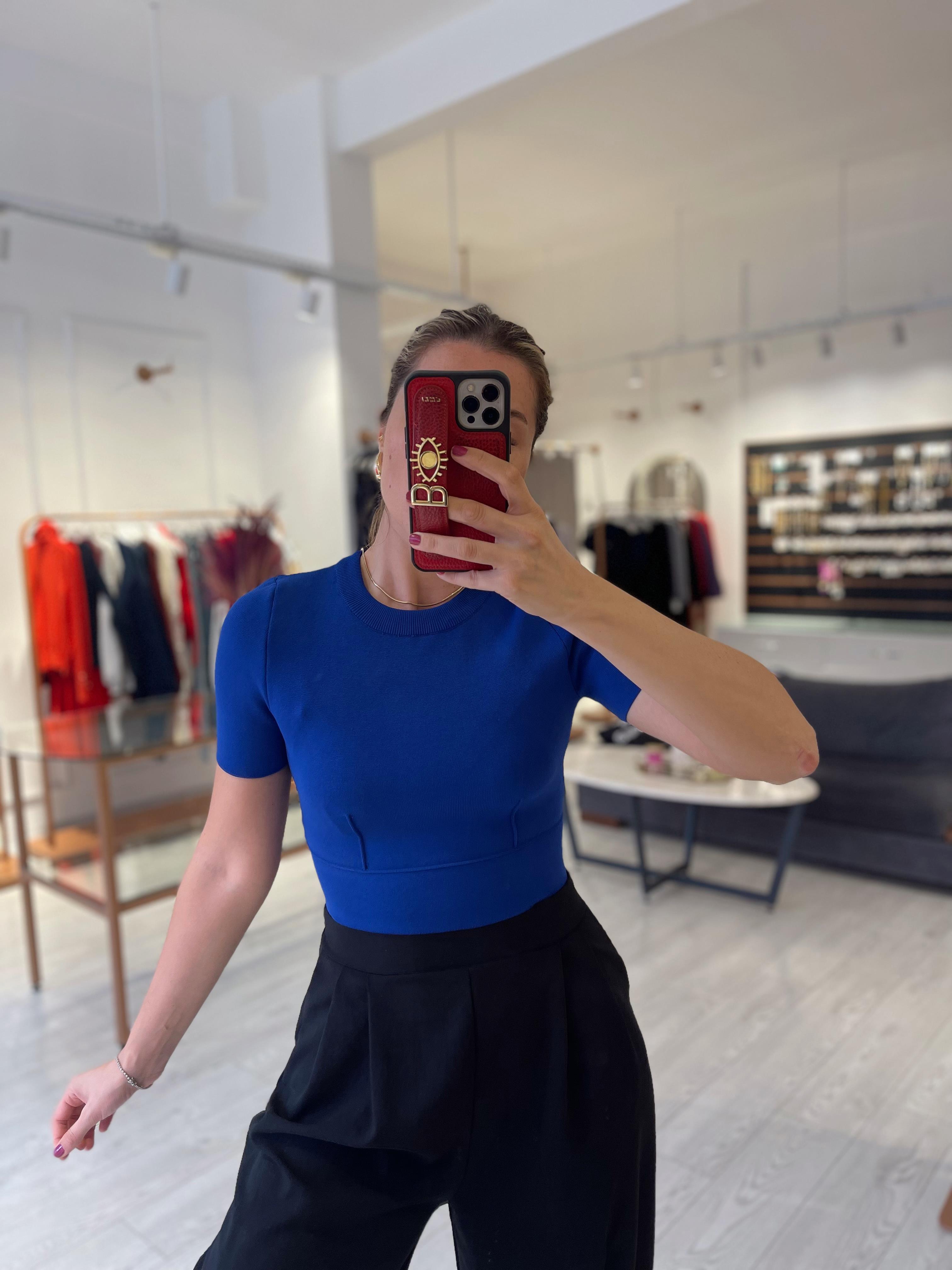 Bisiklet Yaka Kısa Kollu Triko Top Saks 