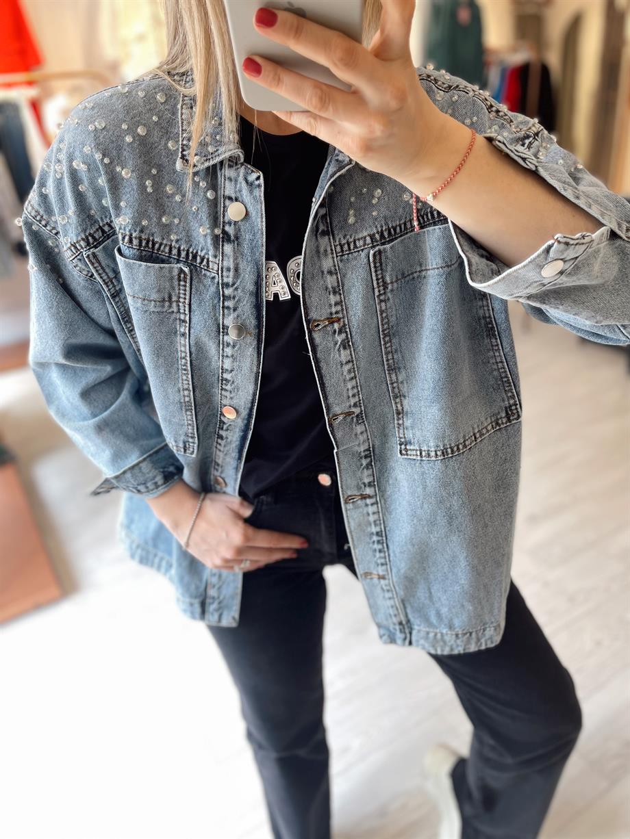 Boncuk İşlemeli Tasarım Denim Ceket · 2