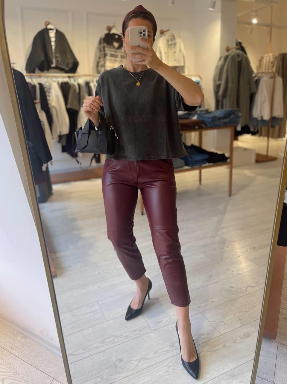 Bordo Çimalı Deri Pantolon